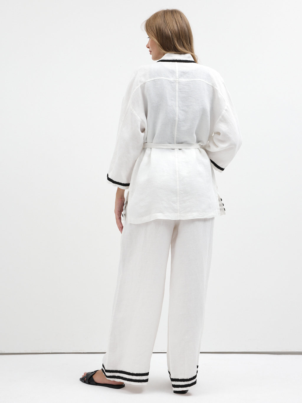 100% Washed Linen White Kimono & Trouser Set
