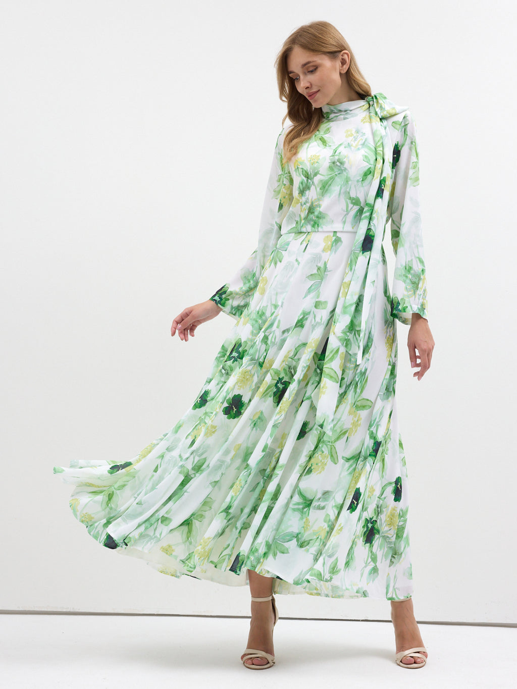 Green Watercolor Bloom Chiffon Maxi Dress