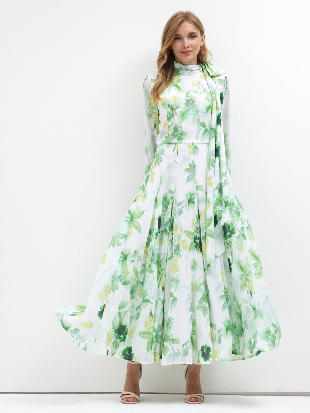 Green Watercolor Bloom Chiffon Maxi Dress