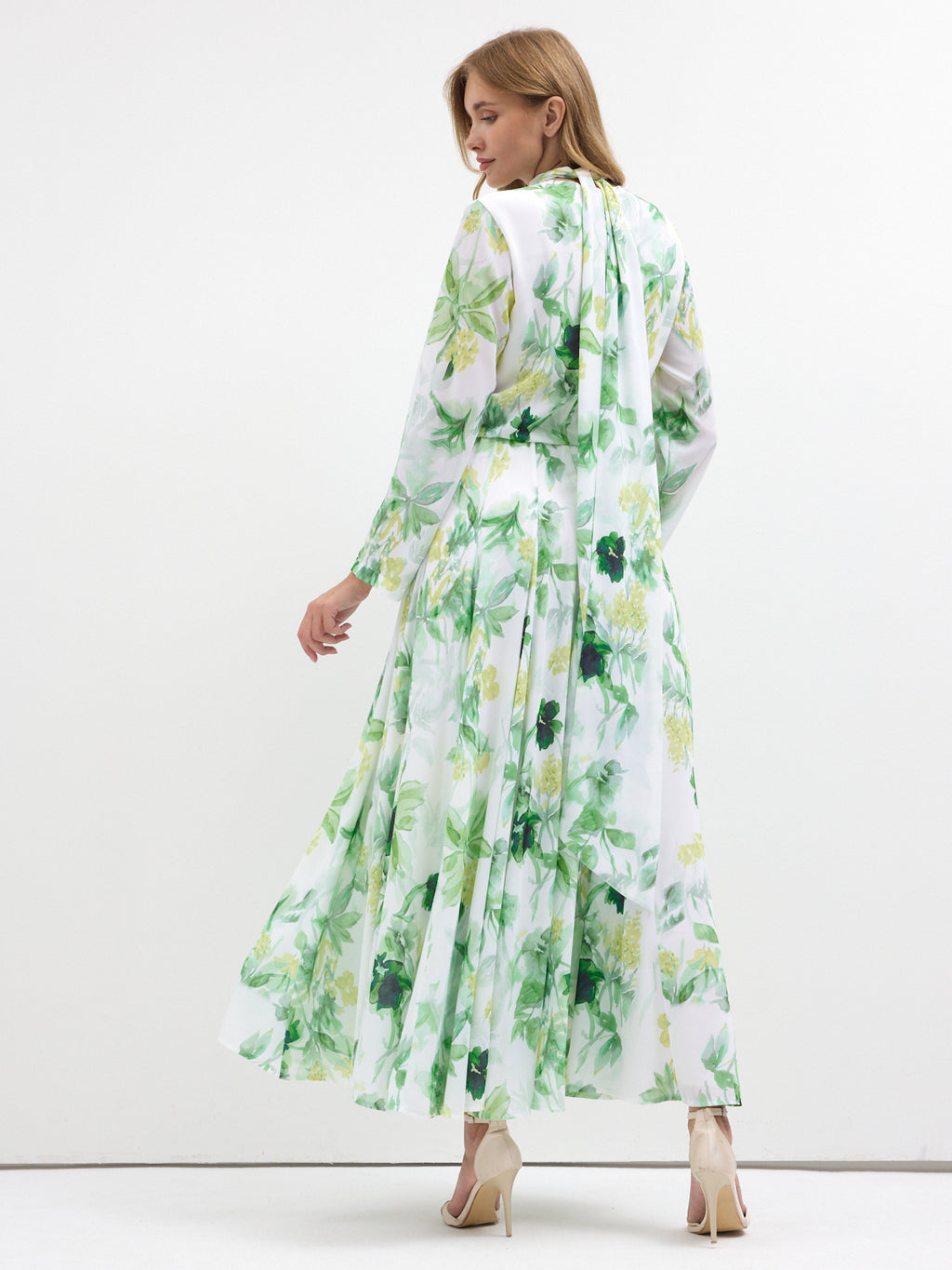 Green Watercolor Bloom Chiffon Maxi Dress