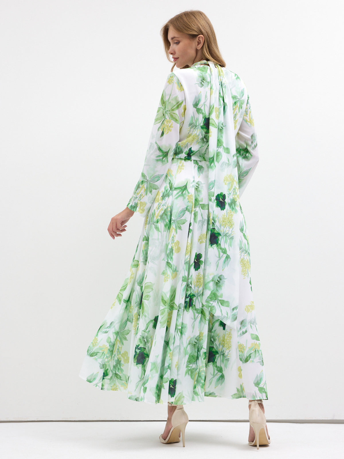 Green Watercolor Bloom Chiffon Maxi Dress