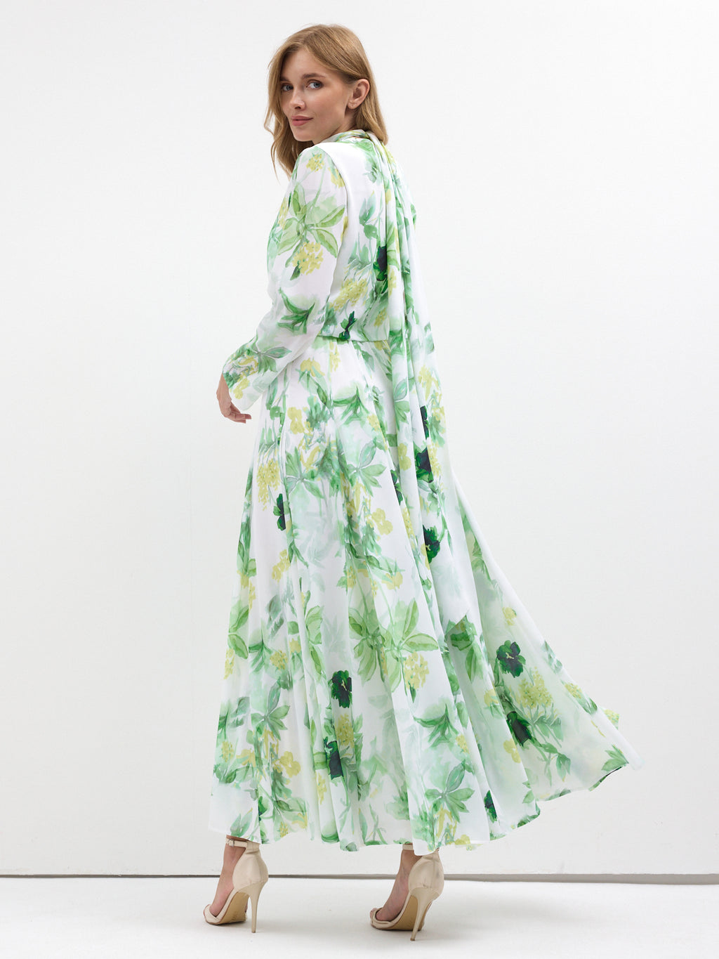 Green Watercolor Bloom Chiffon Maxi Dress