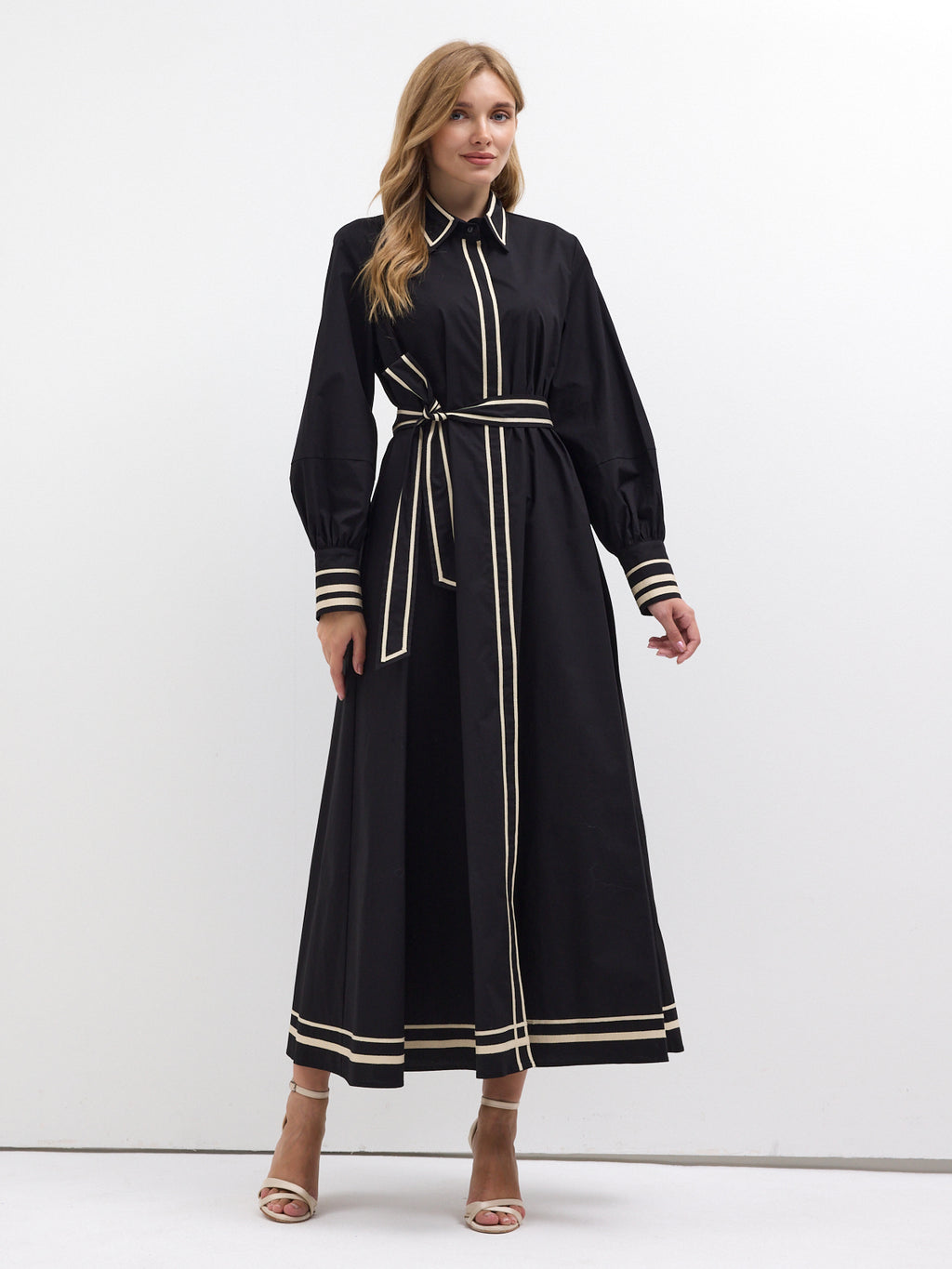 Black Cotton Maxi Dress with Beige Grosgrain Trim