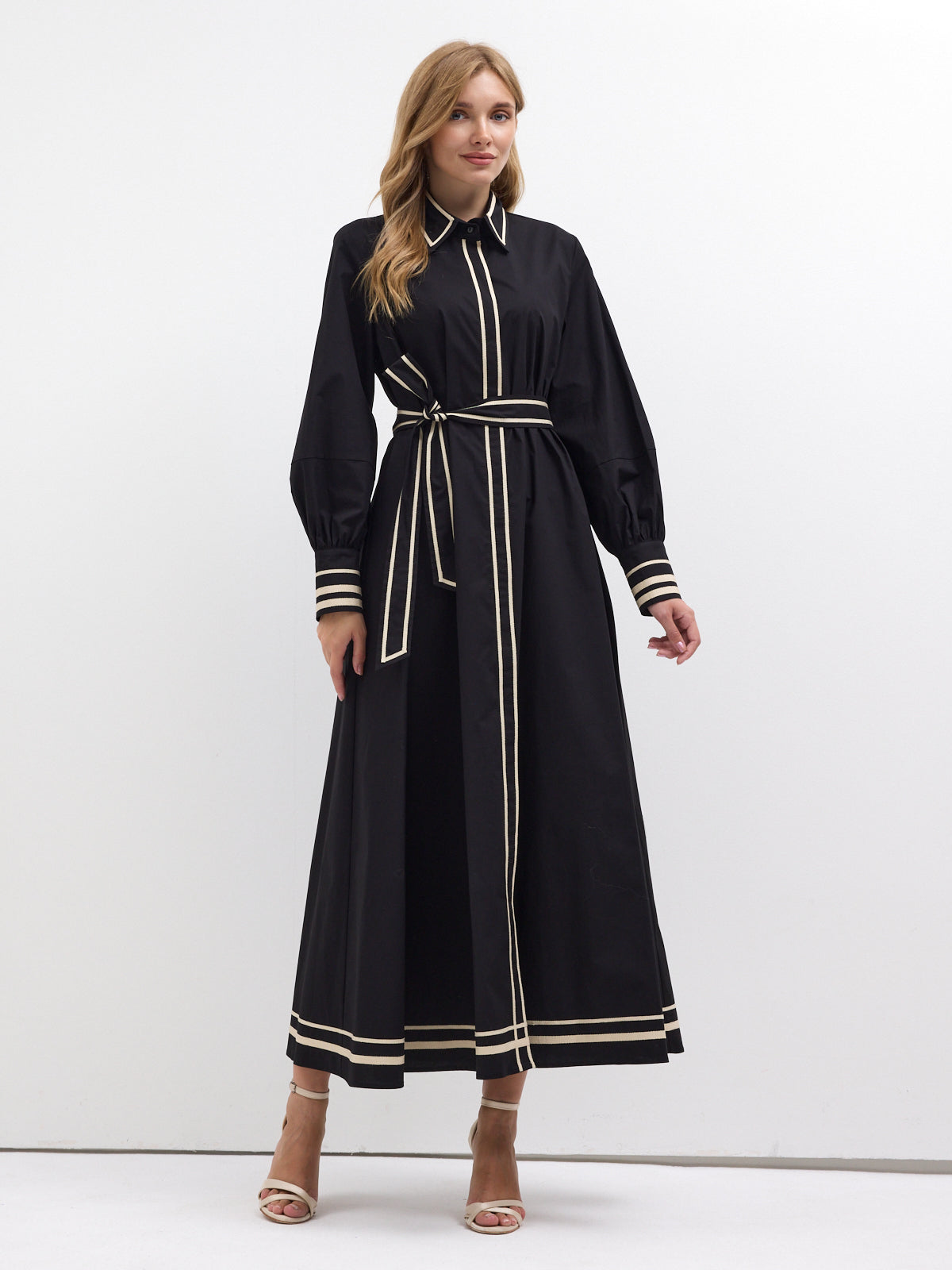 Black Cotton Maxi Dress with Beige Grosgrain Trim