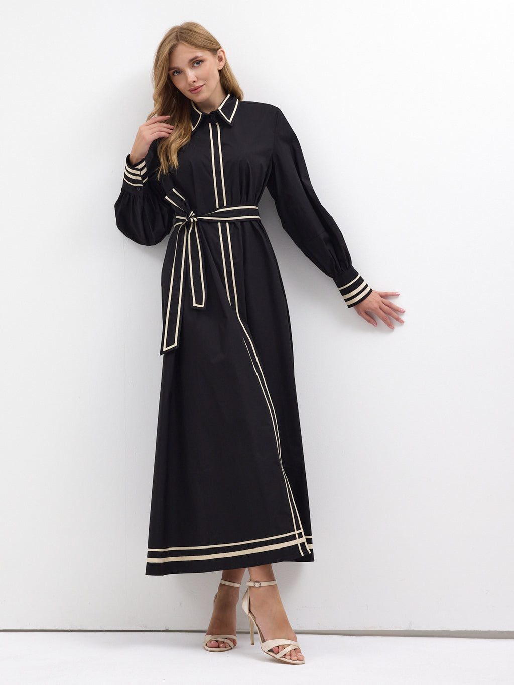 Black Cotton Maxi Dress with Beige Grosgrain Trim