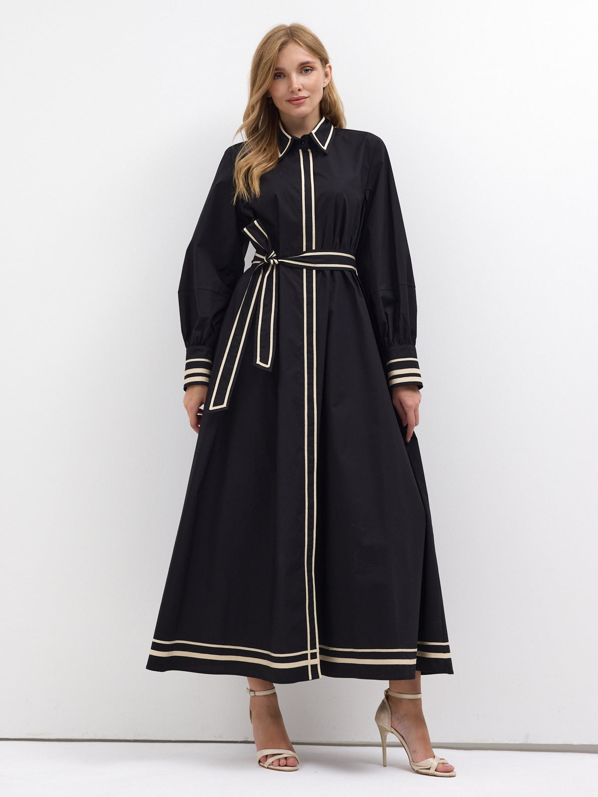 Black Cotton Maxi Dress with Beige Grosgrain Trim