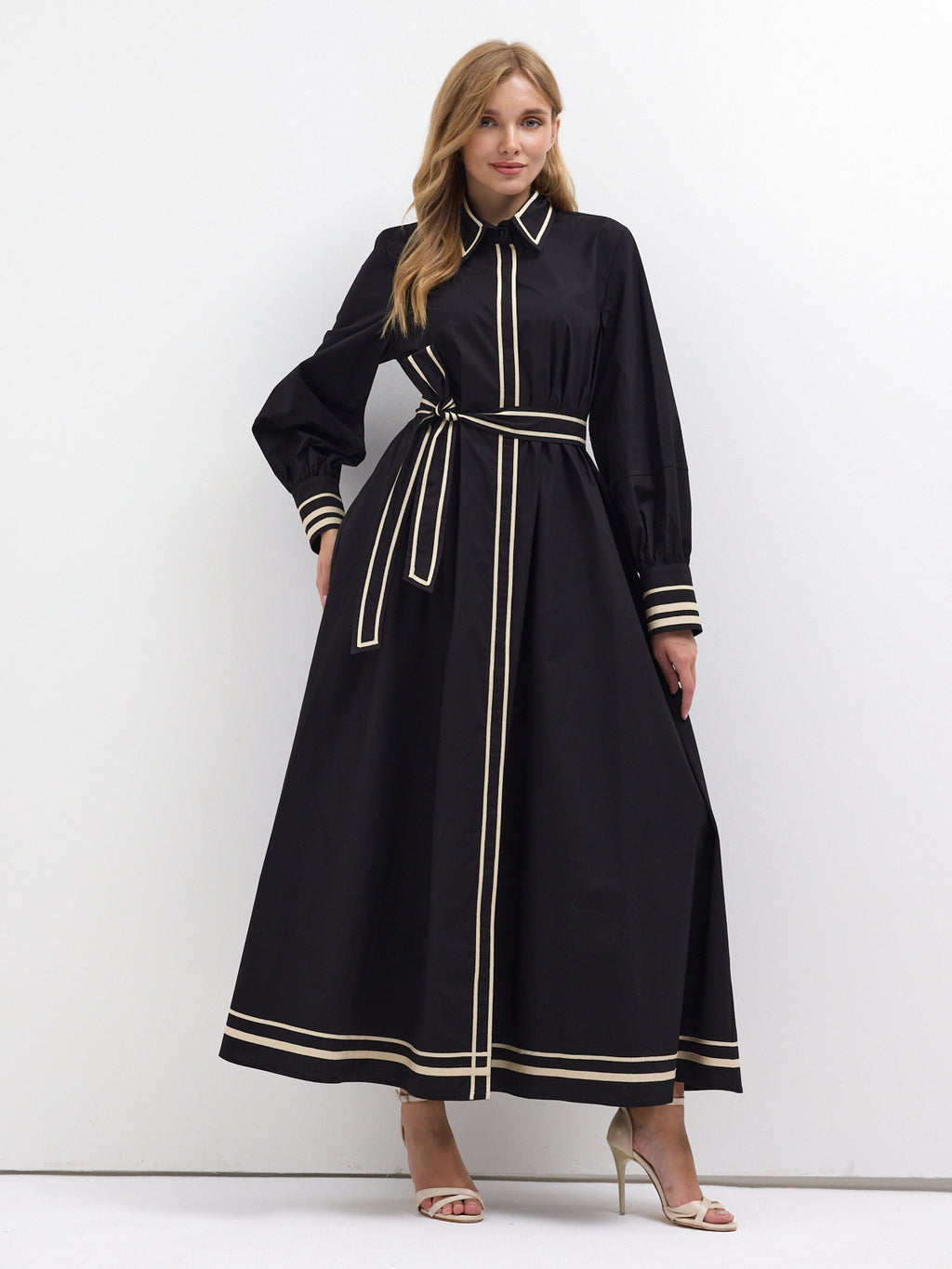 Black Cotton Maxi Dress with Beige Grosgrain Trim