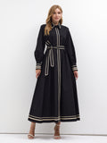Black Cotton Maxi Dress with Beige Grosgrain Trim