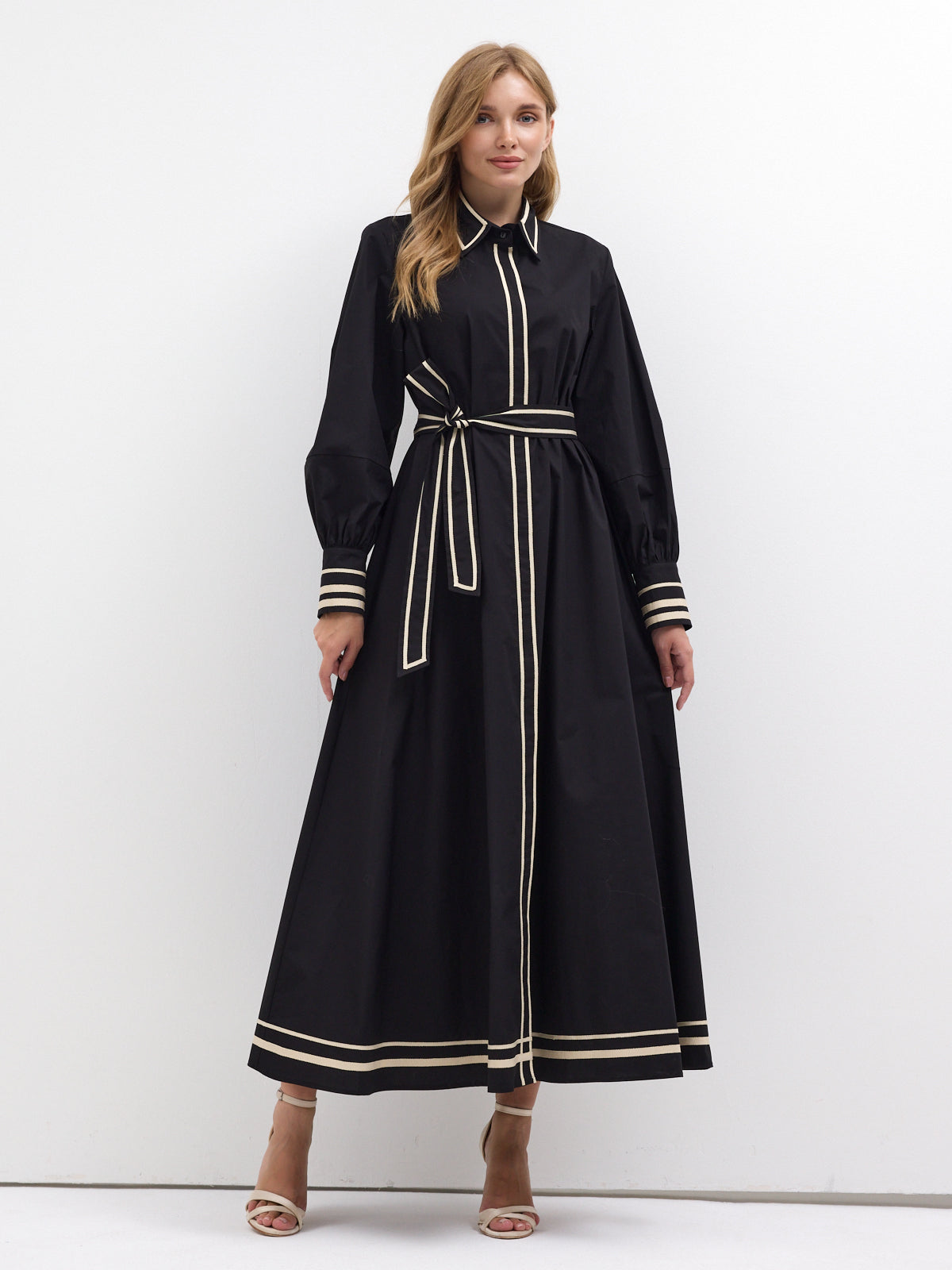 Black Cotton Maxi Dress with Beige Grosgrain Trim
