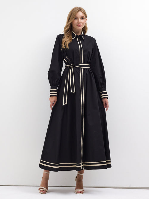 Black Cotton Maxi Dress with Beige Grosgrain Trim - Store WF