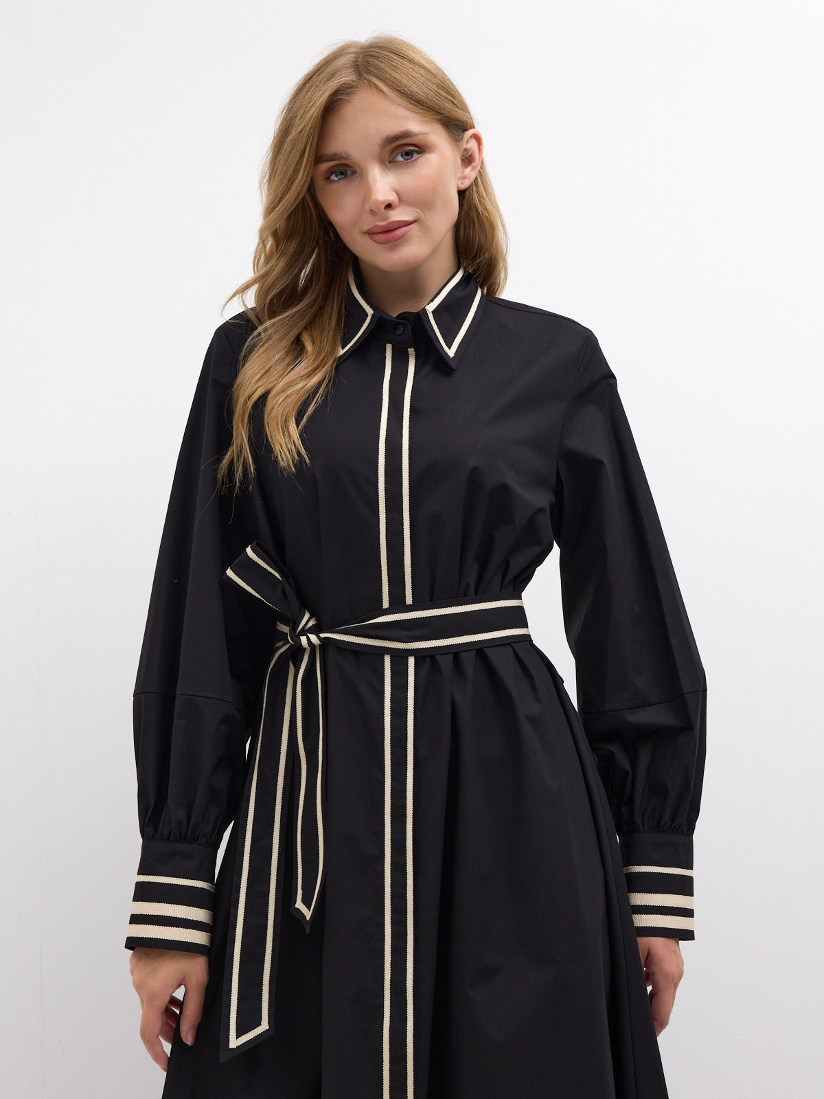 Black Cotton Maxi Dress with Beige Grosgrain Trim