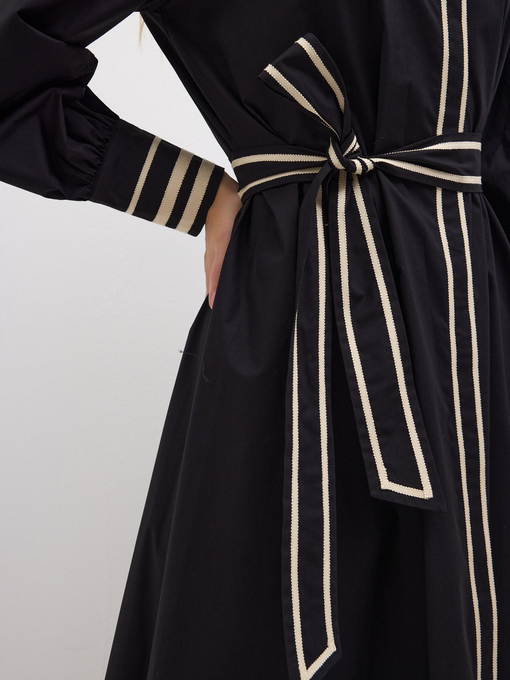 Black Cotton Maxi Dress with Beige Grosgrain Trim