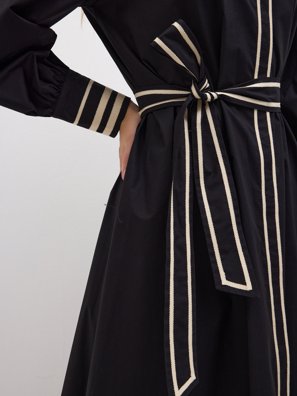 Black Cotton Maxi Dress with Beige Grosgrain Trim