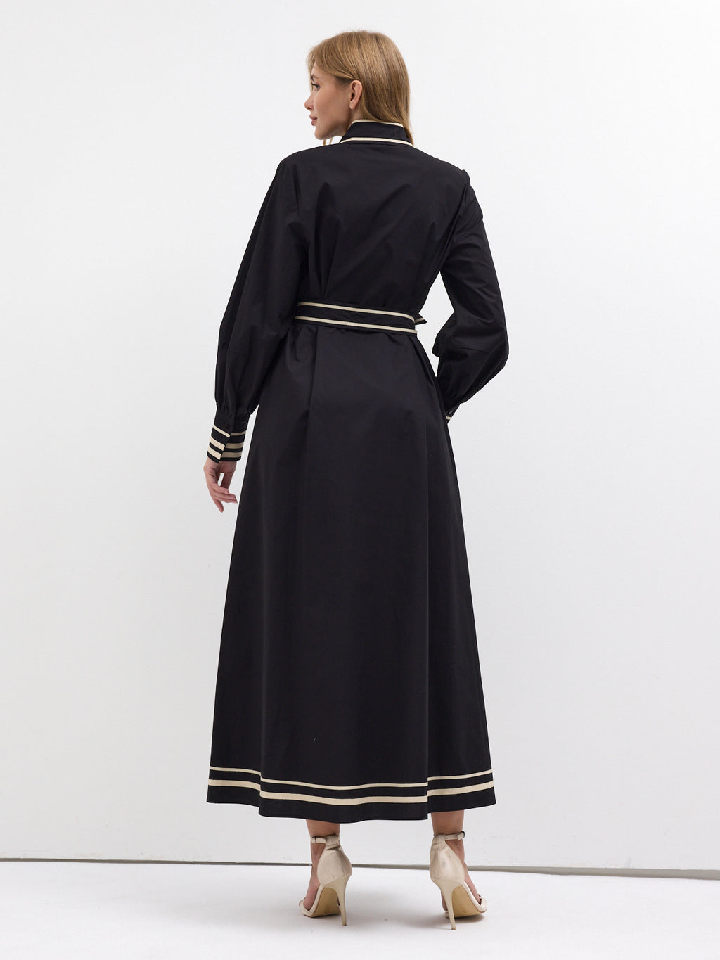 Black Cotton Maxi Dress with Beige Grosgrain Trim
