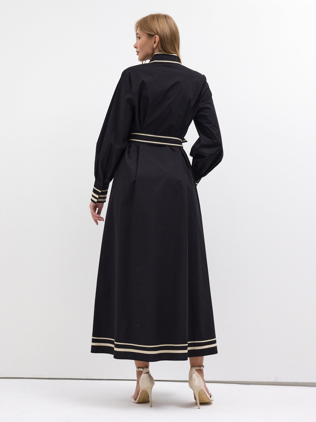 Black Cotton Maxi Dress with Beige Grosgrain Trim