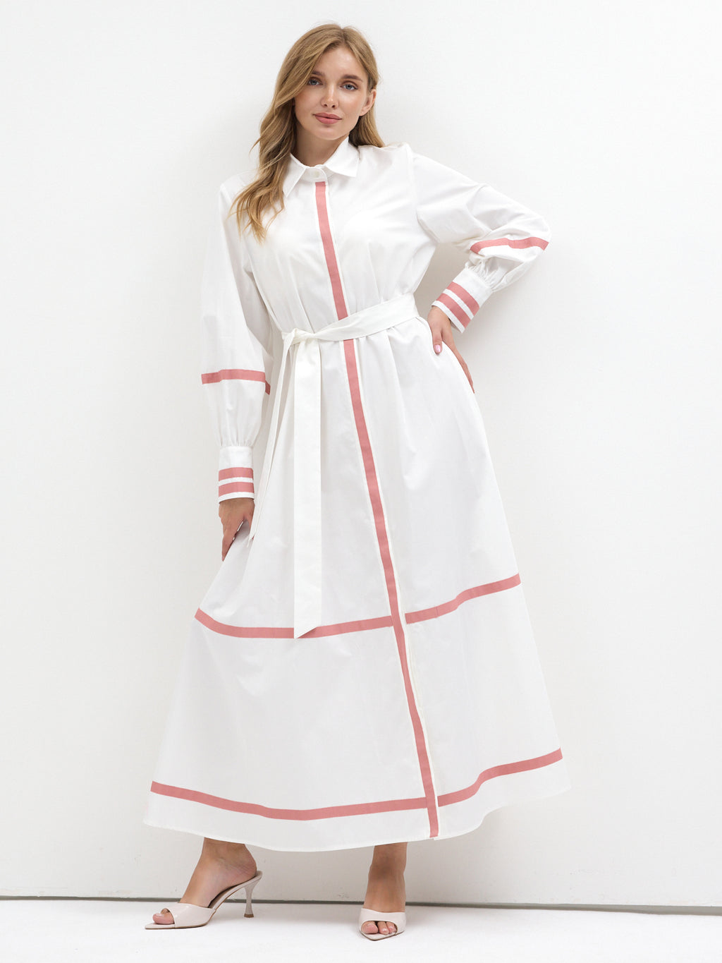 White Cotton Maxi Dress with Pink Grosgrain Trim