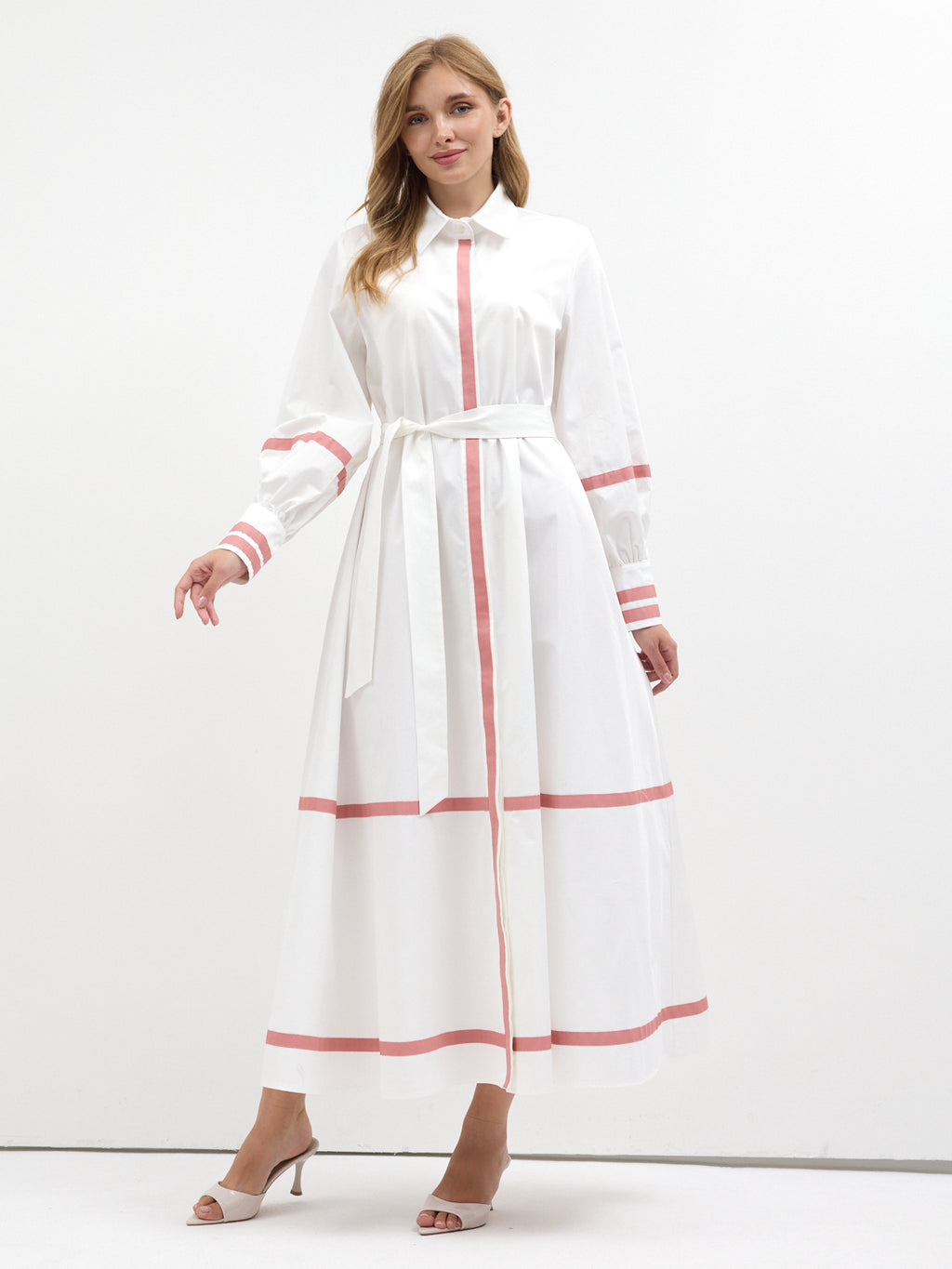 White Cotton Maxi Dress with Pink Grosgrain Trim