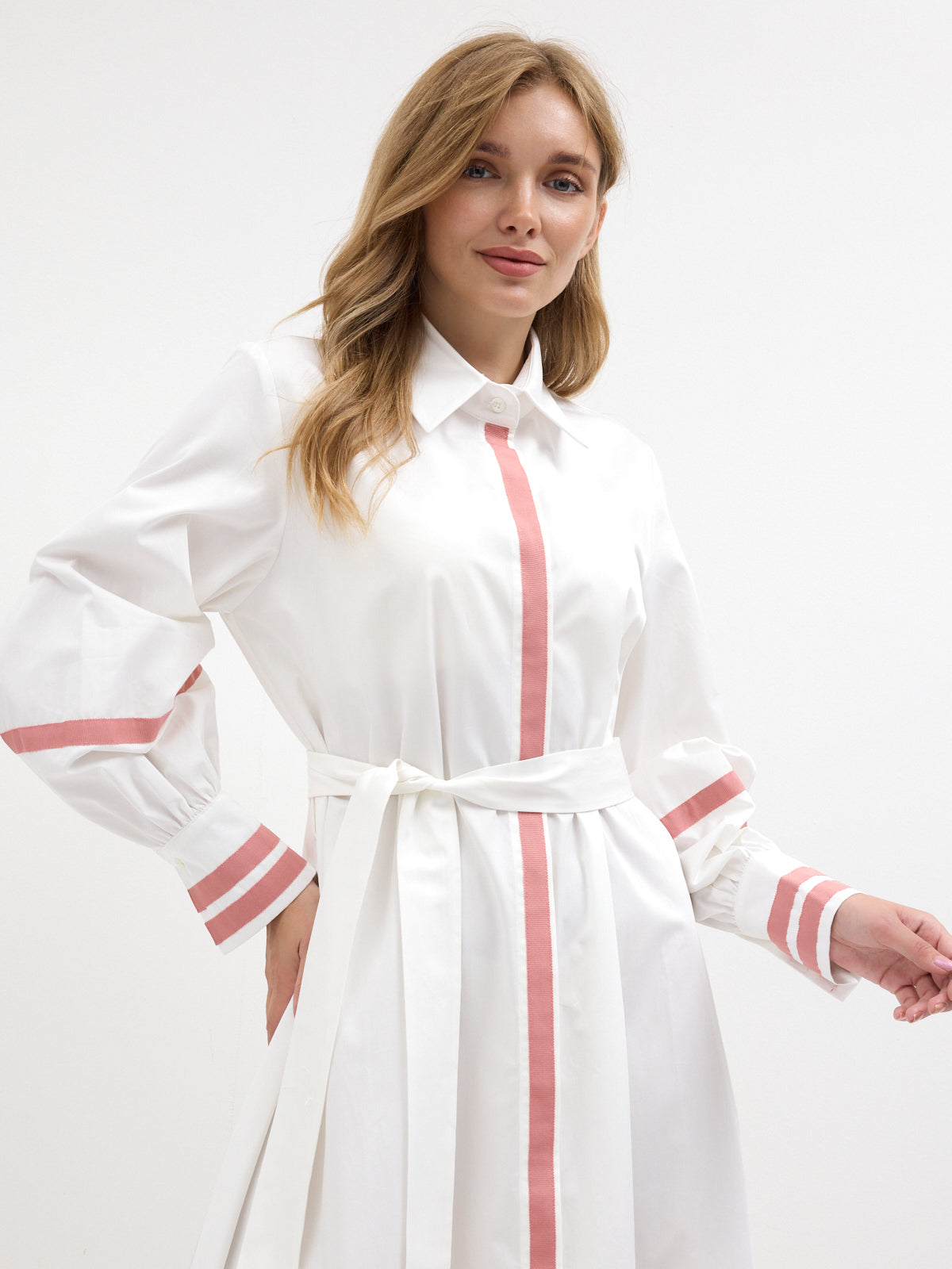 White Cotton Maxi Dress with Pink Grosgrain Trim