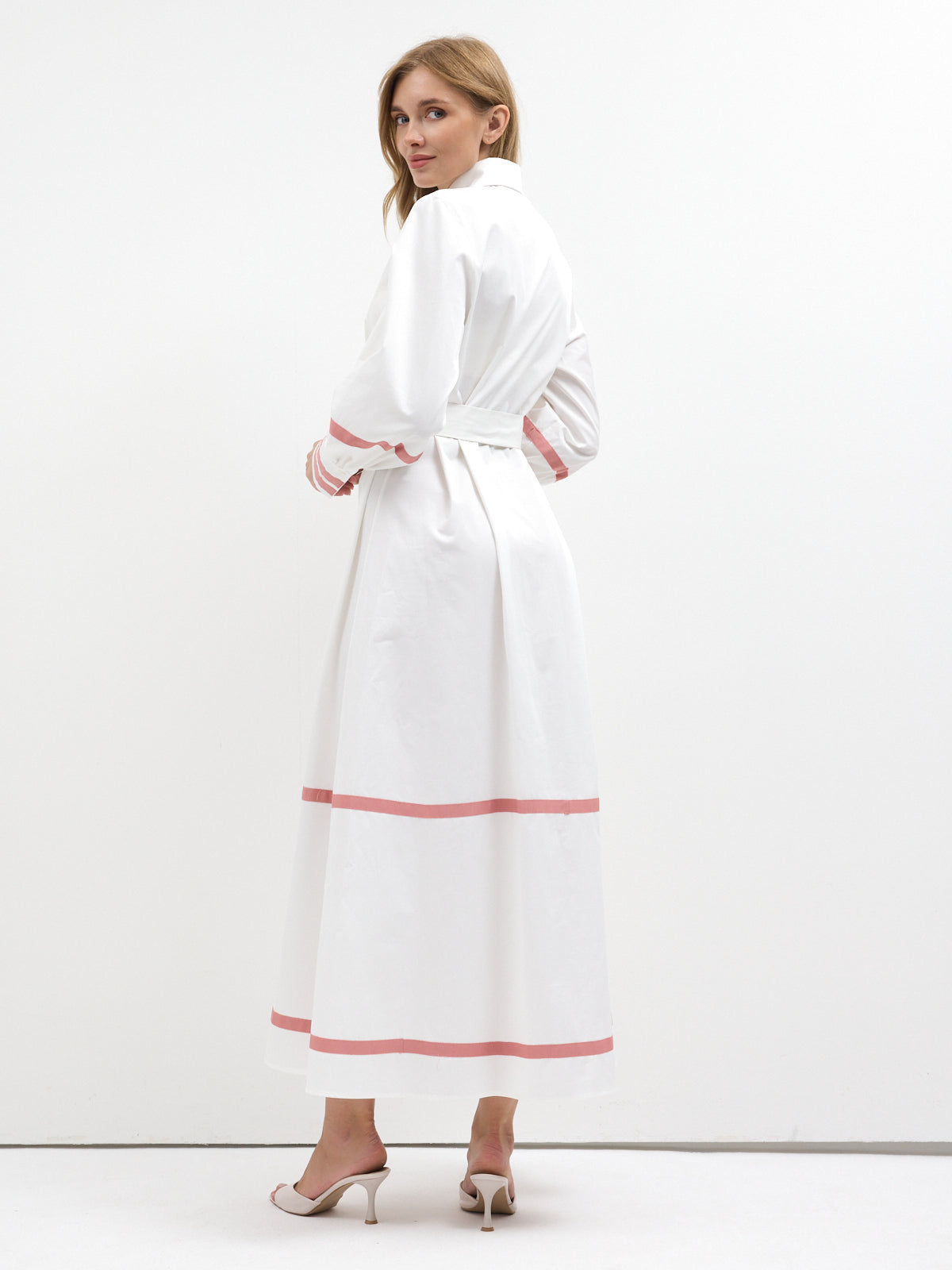 White Cotton Maxi Dress with Pink Grosgrain Trim