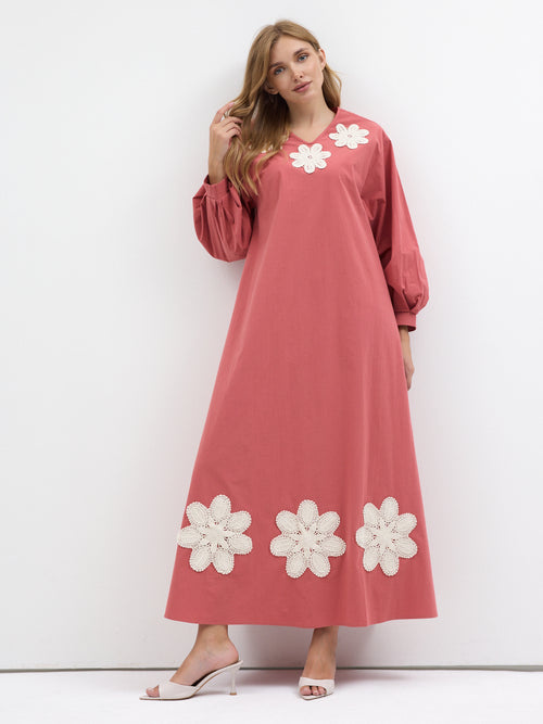100% Cotton Poplin Belted Dress with Embroidery Detailed