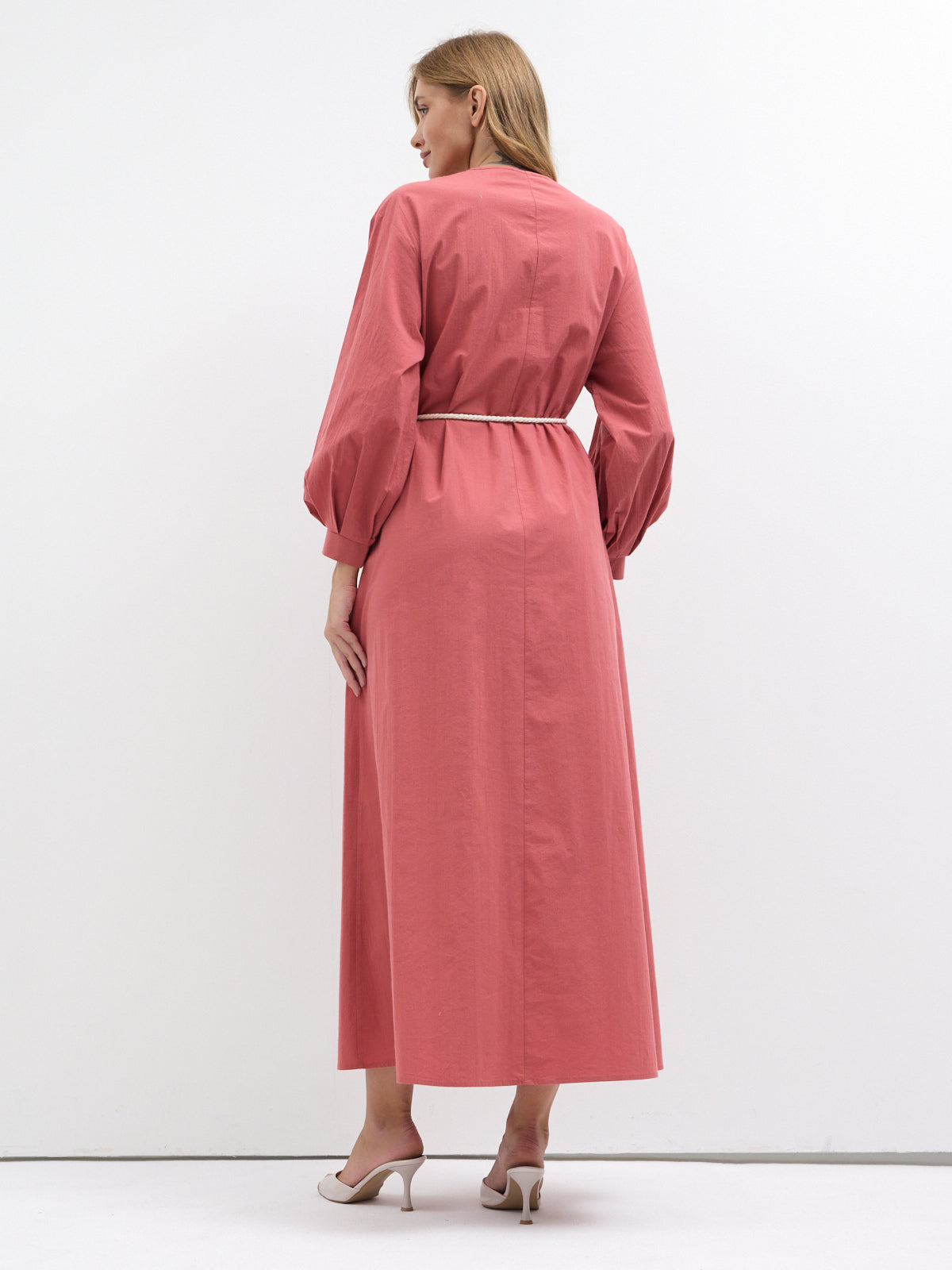 100% Cotton Poplin Belted Dress with Embroidery Detailed