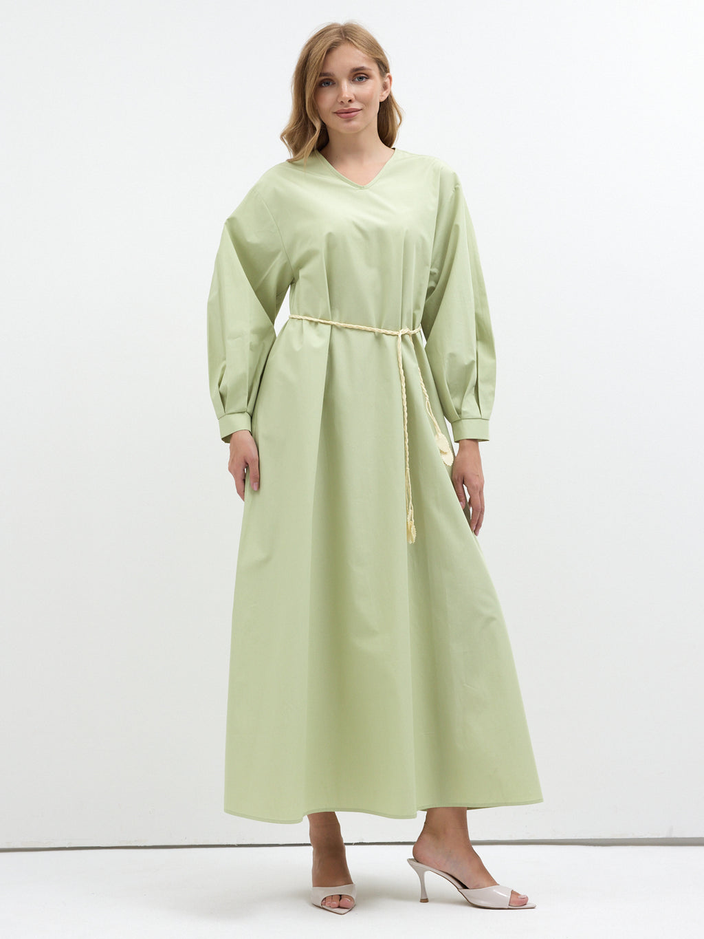 Detachable Printed Collar Belted Maxi Dress