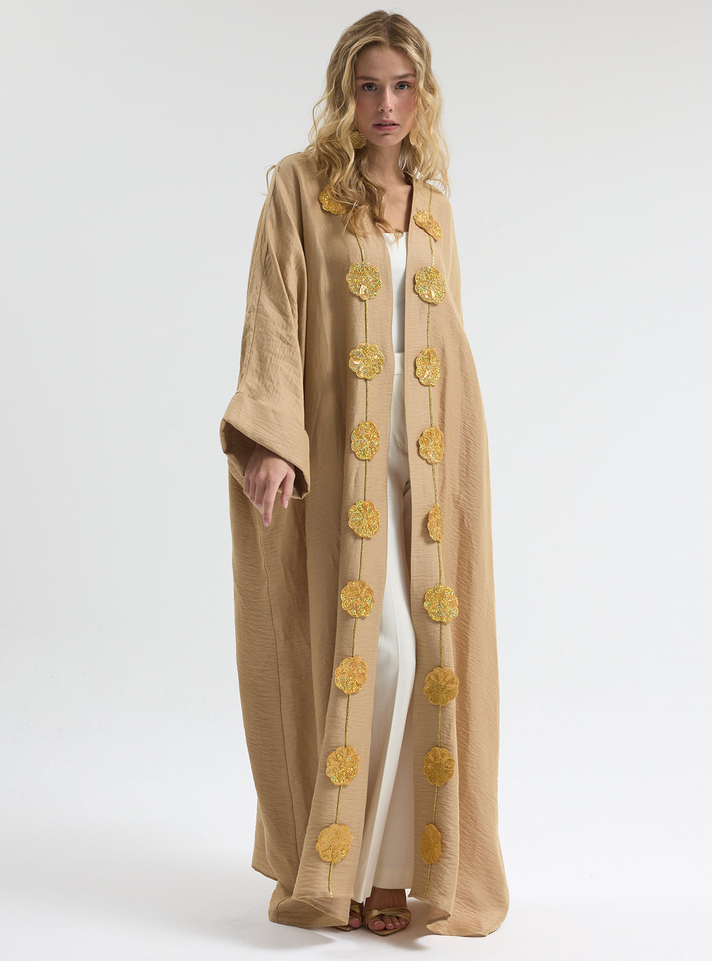 Linen Gold Flower Detailed Abaya - Store WF