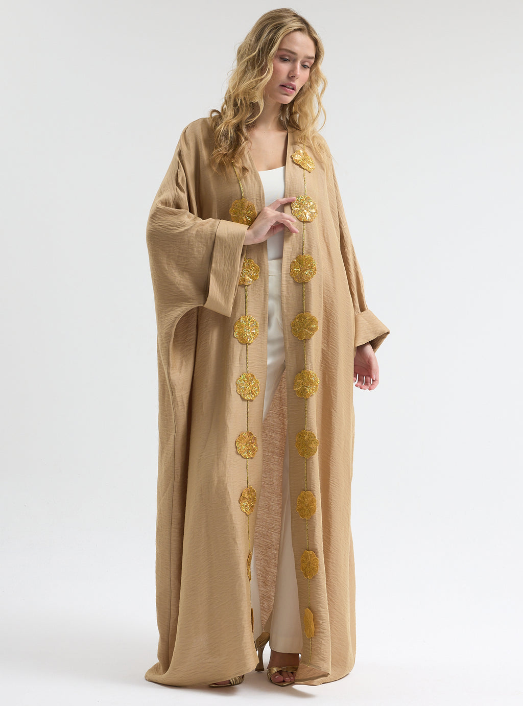 Linen Gold Flower Detailed Abaya - Store WF