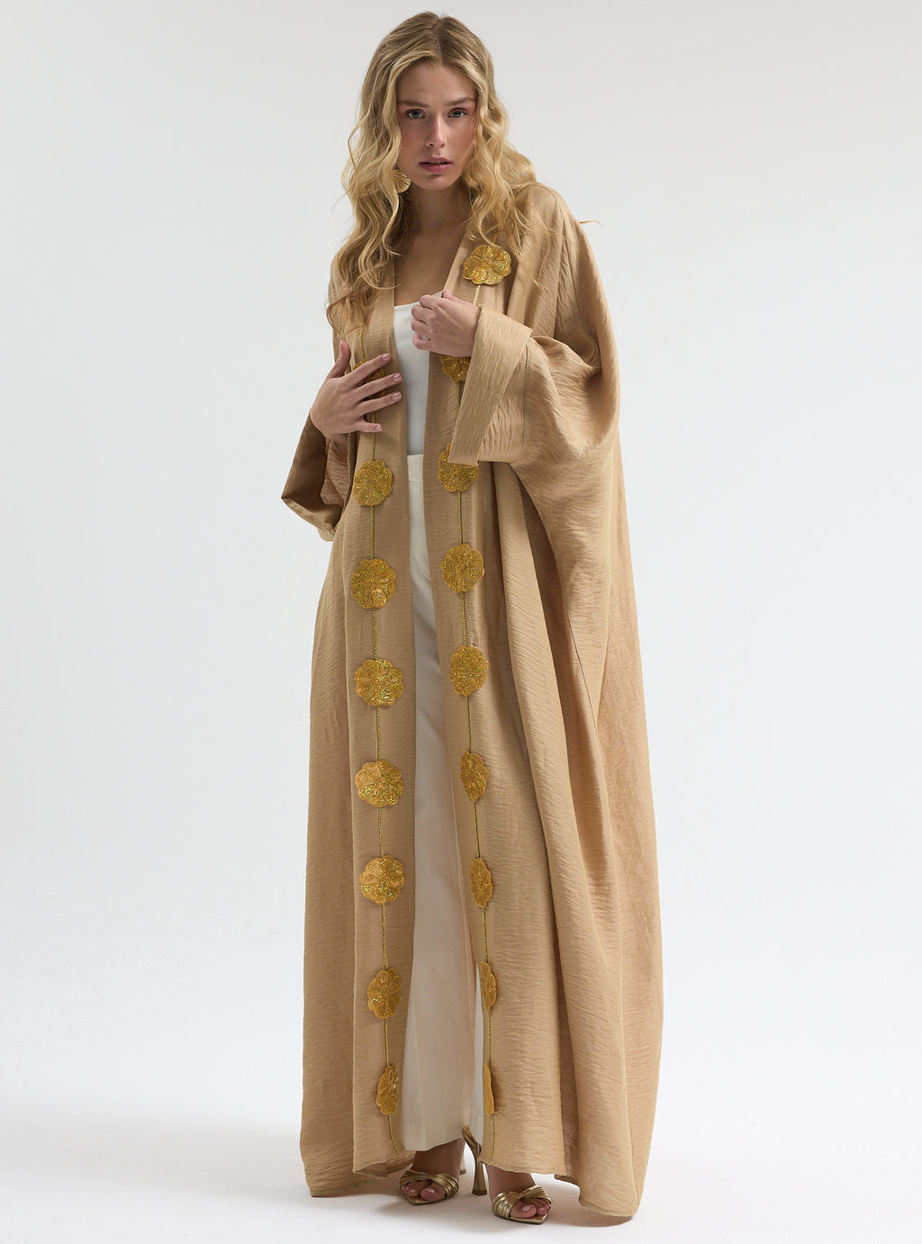 Linen Gold Flower Detailed Abaya - Store WF