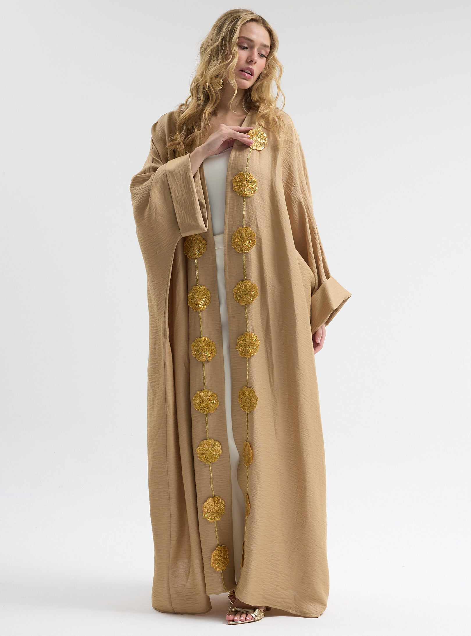 Linen Gold Flower Detailed Abaya - Store WF