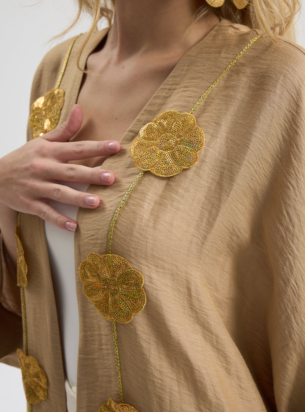 Linen Gold Flower Detailed Abaya - Store WF