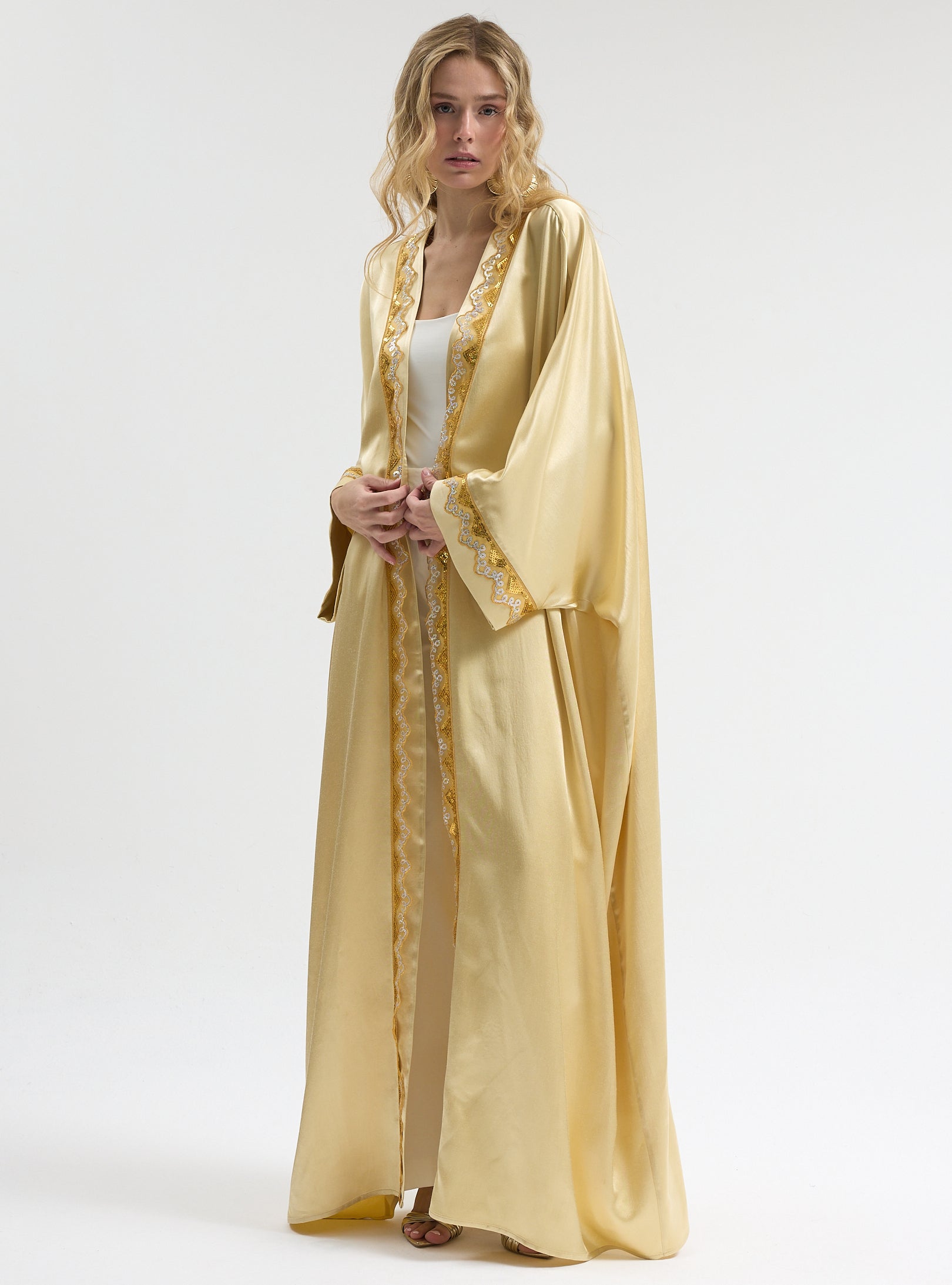 Beige satin Gold Sequin Detailed Abaya - Store WF