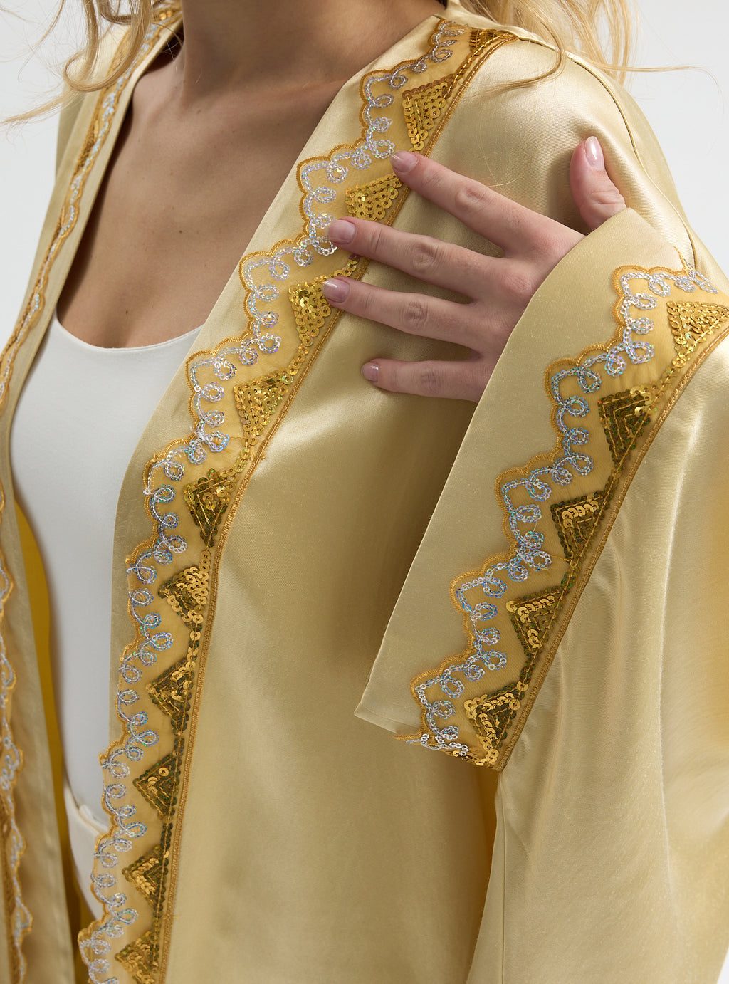 Beige satin Gold Sequin Detailed Abaya - Store WF