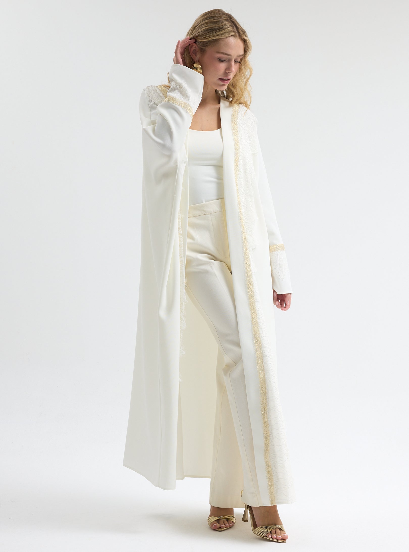 Off-White Lace Gold Detailed Abaya - Store WF