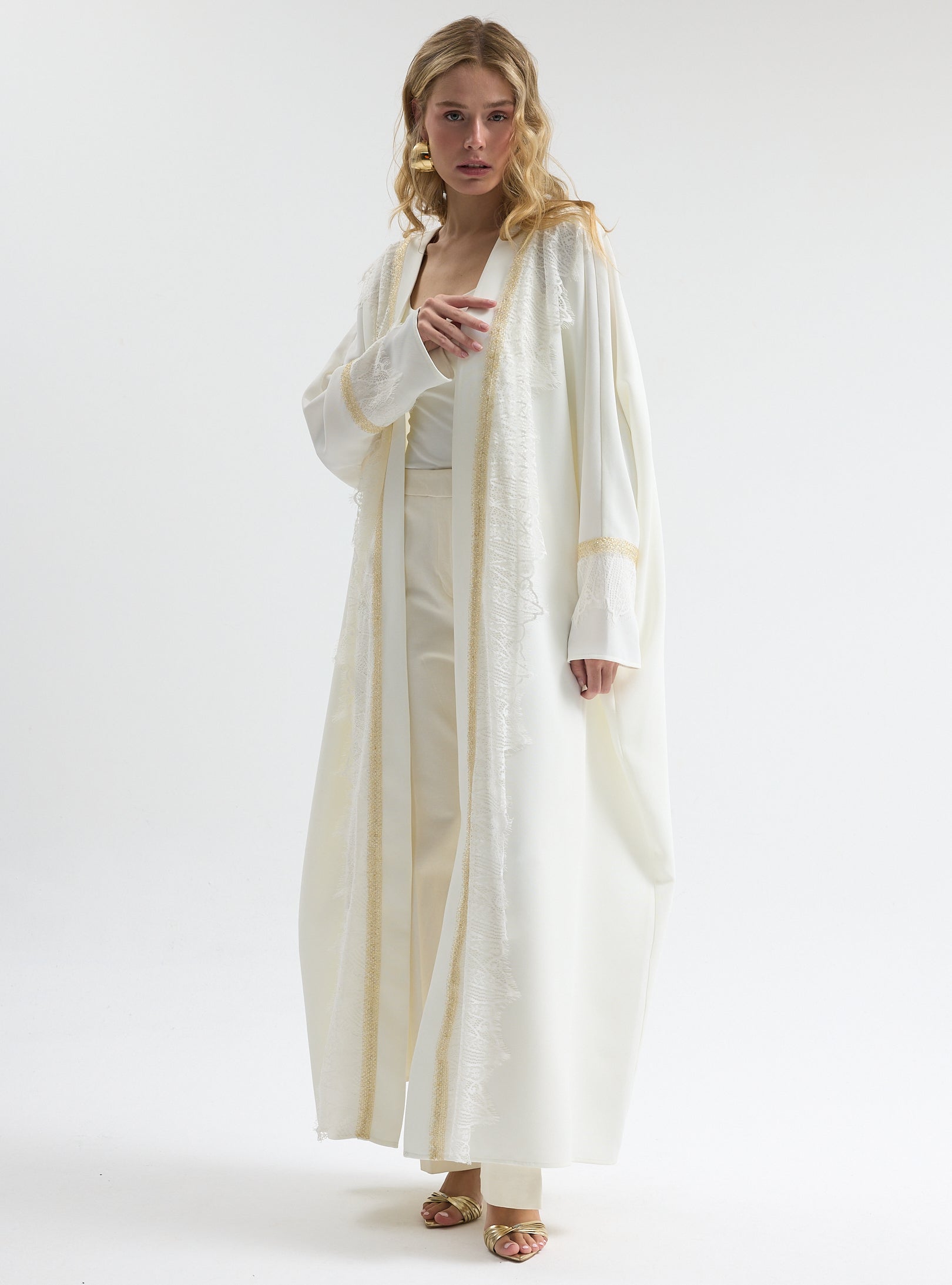 Off-White Lace Gold Detailed Abaya - Store WF