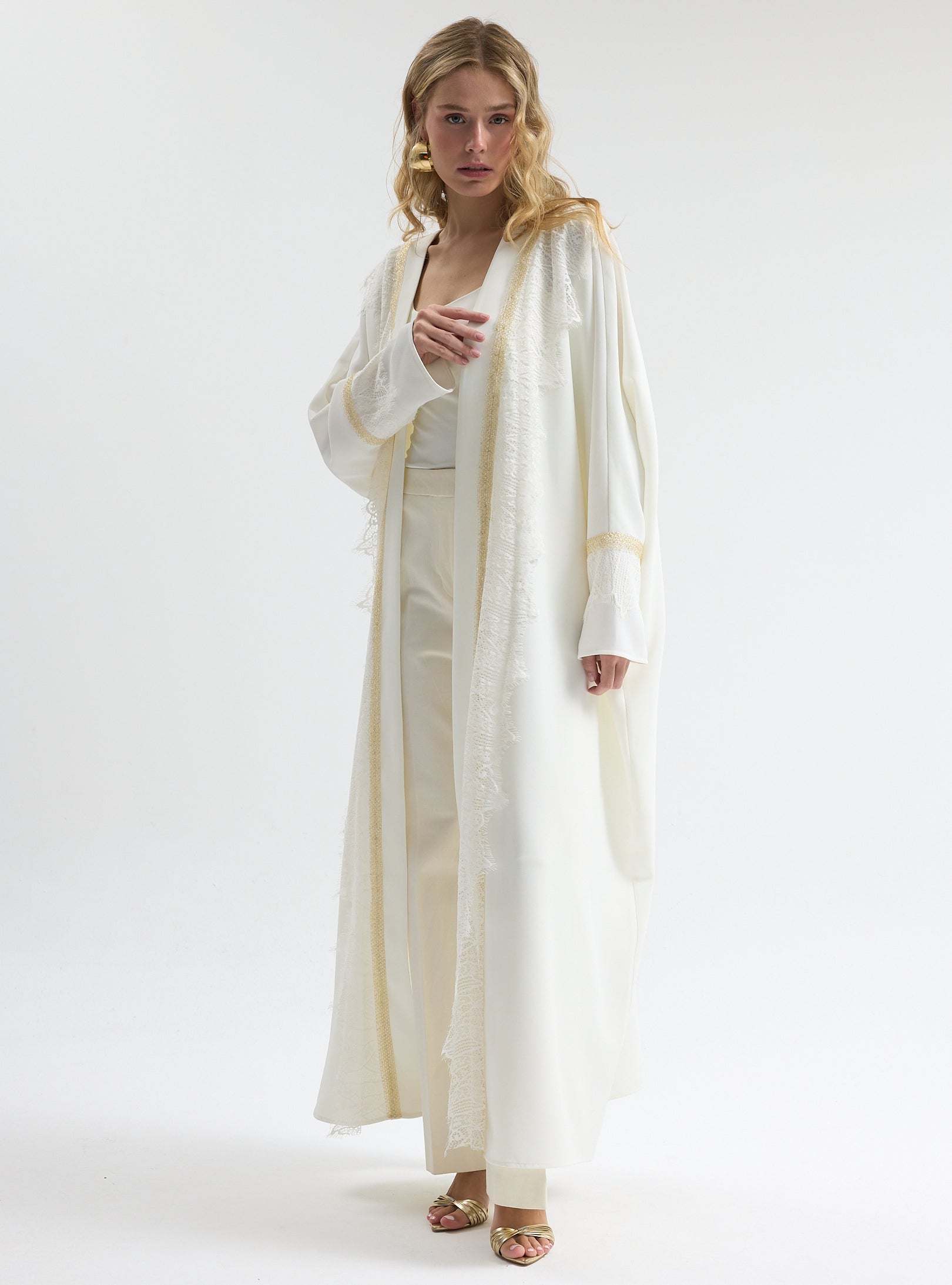 Off-White Lace Gold Detailed Abaya - Store WF