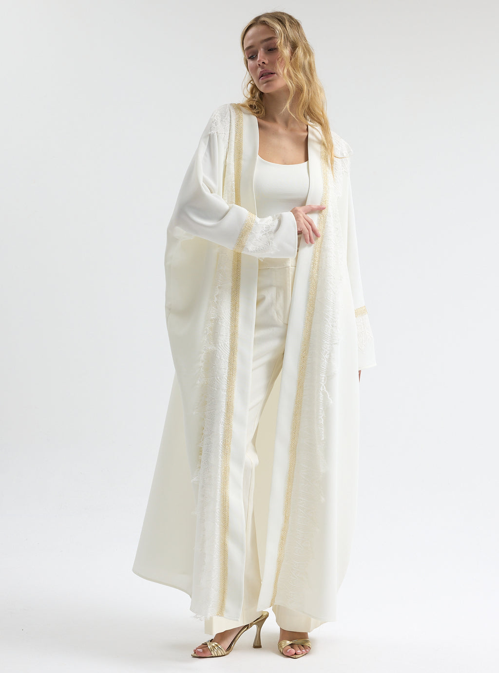 Off-White Lace Gold Detailed Abaya - Store WF