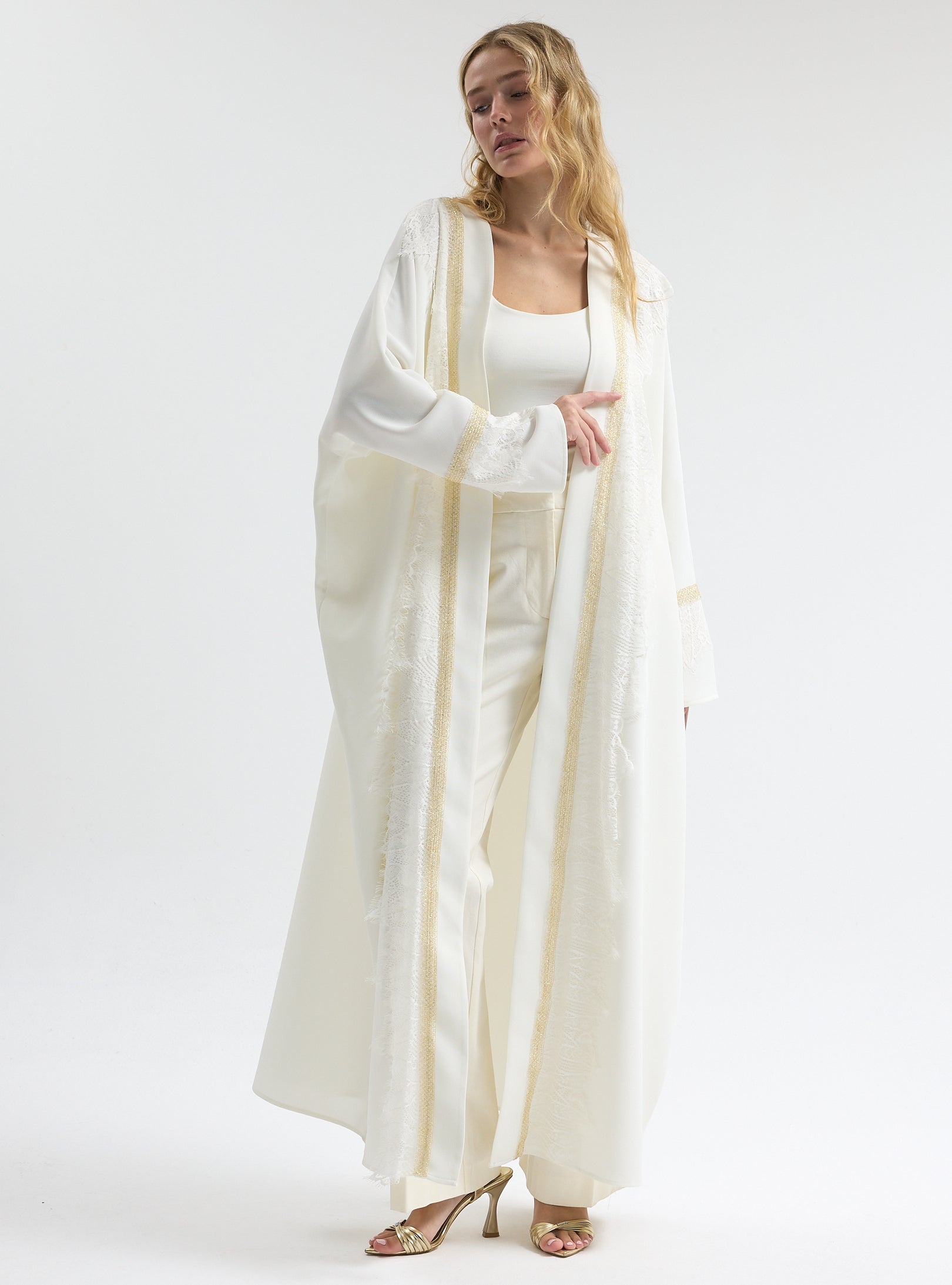 Off-White Lace Gold Detailed Abaya - Store WF