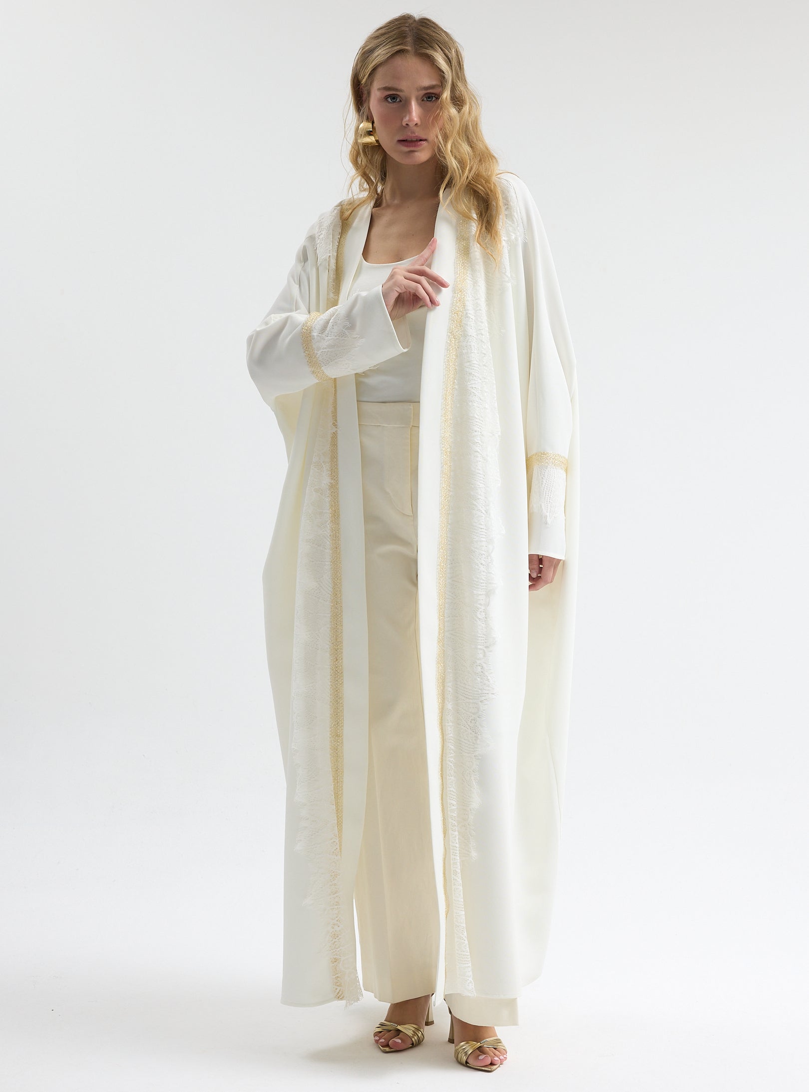 Off-White Lace Gold Detailed Abaya - Store WF