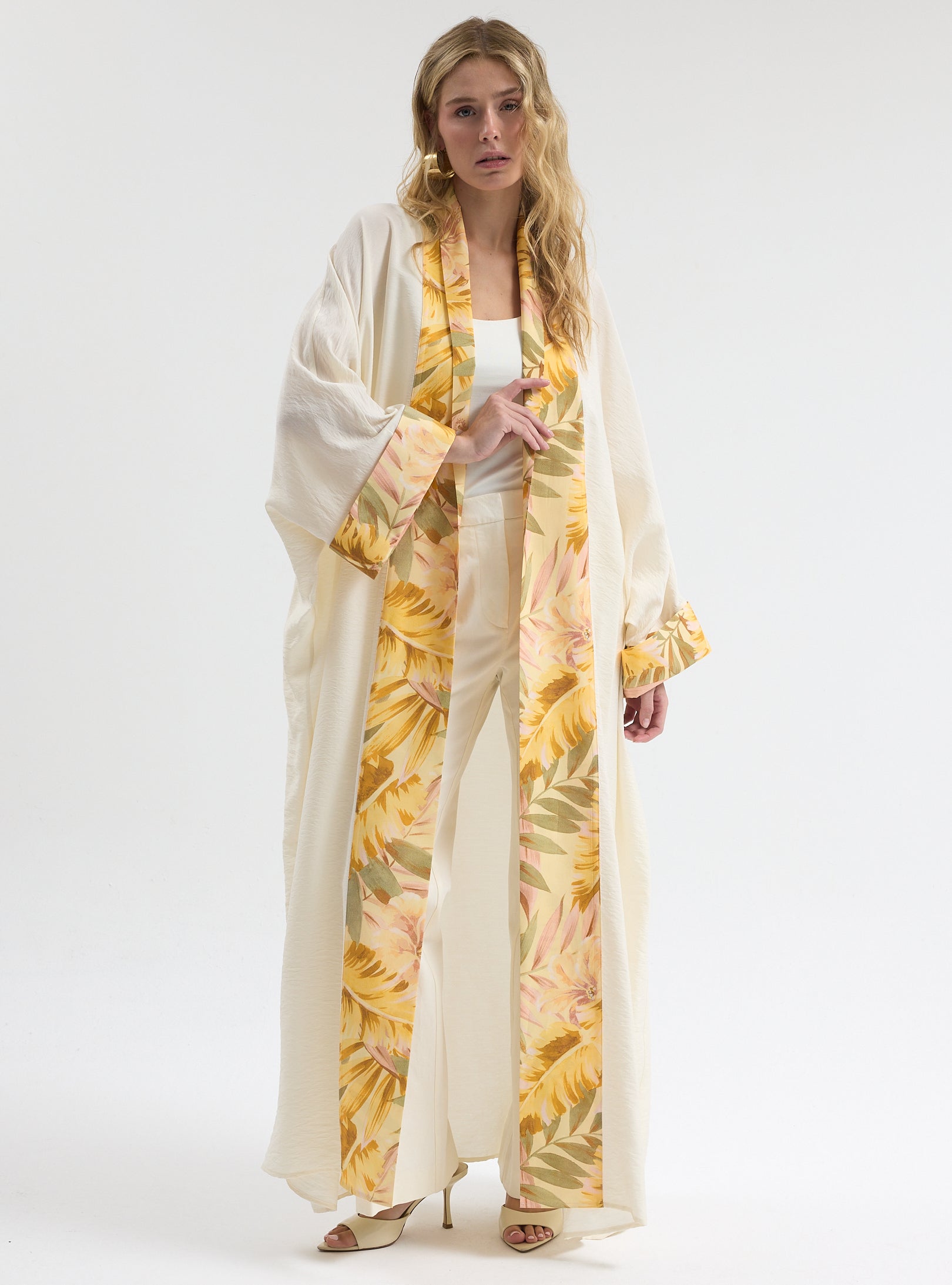 Yellow Print Off-White Abaya - Store WF