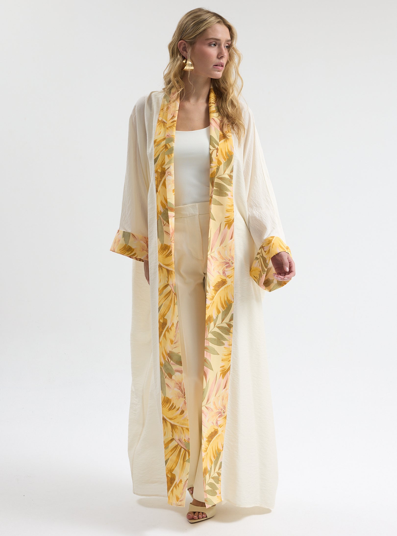 Yellow Print Off-White Abaya - Store WF