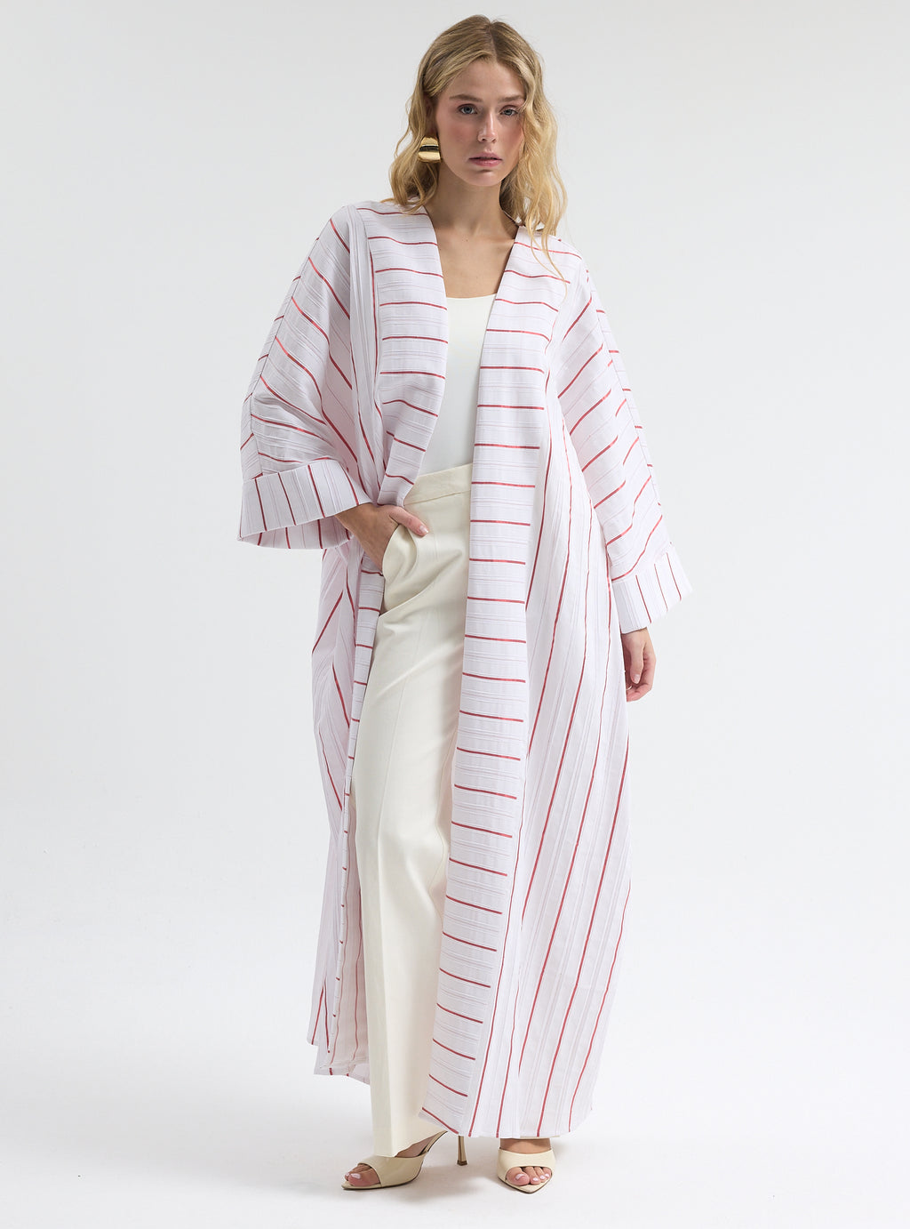 White Red Stripe Cotton Abaya - Store WF