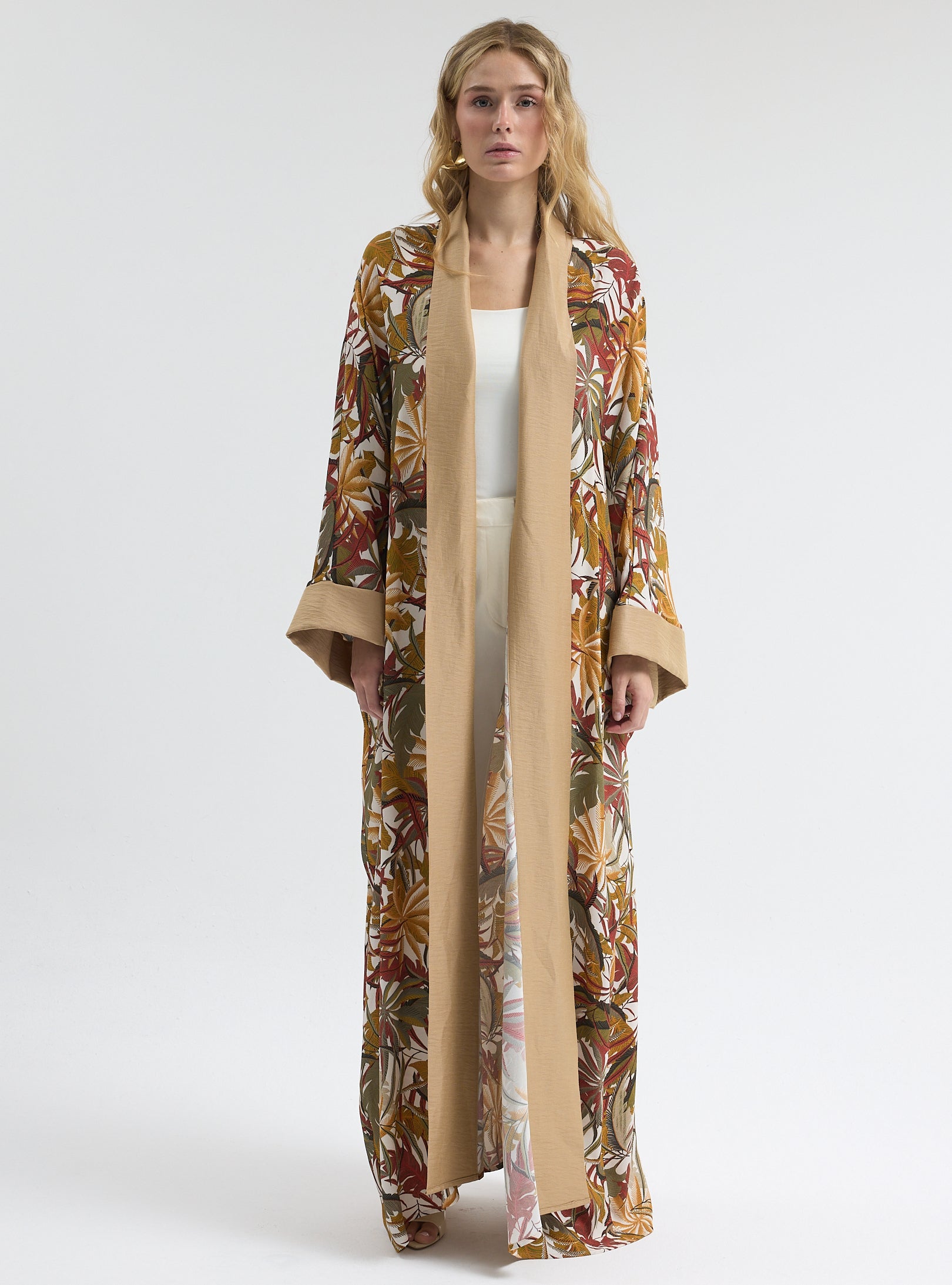 Printed Long Kimono with Beige Shawl Collar Abaya - Store WF