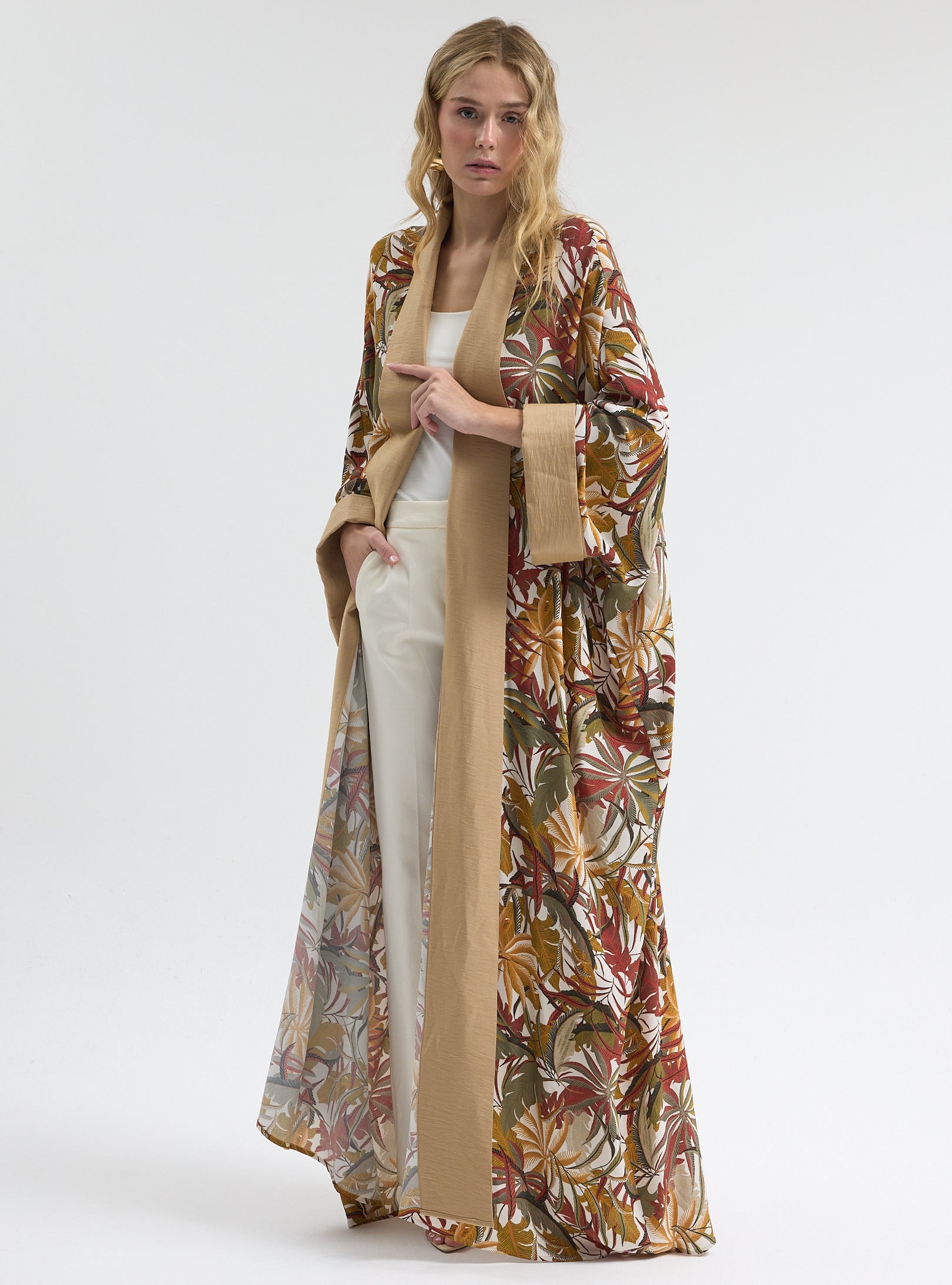 Printed Long Kimono with Beige Shawl Collar Abaya - Store WF