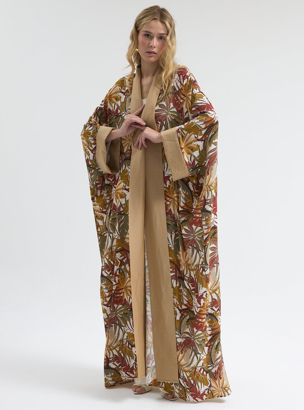 Printed Long Kimono with Beige Shawl Collar Abaya - Store WF