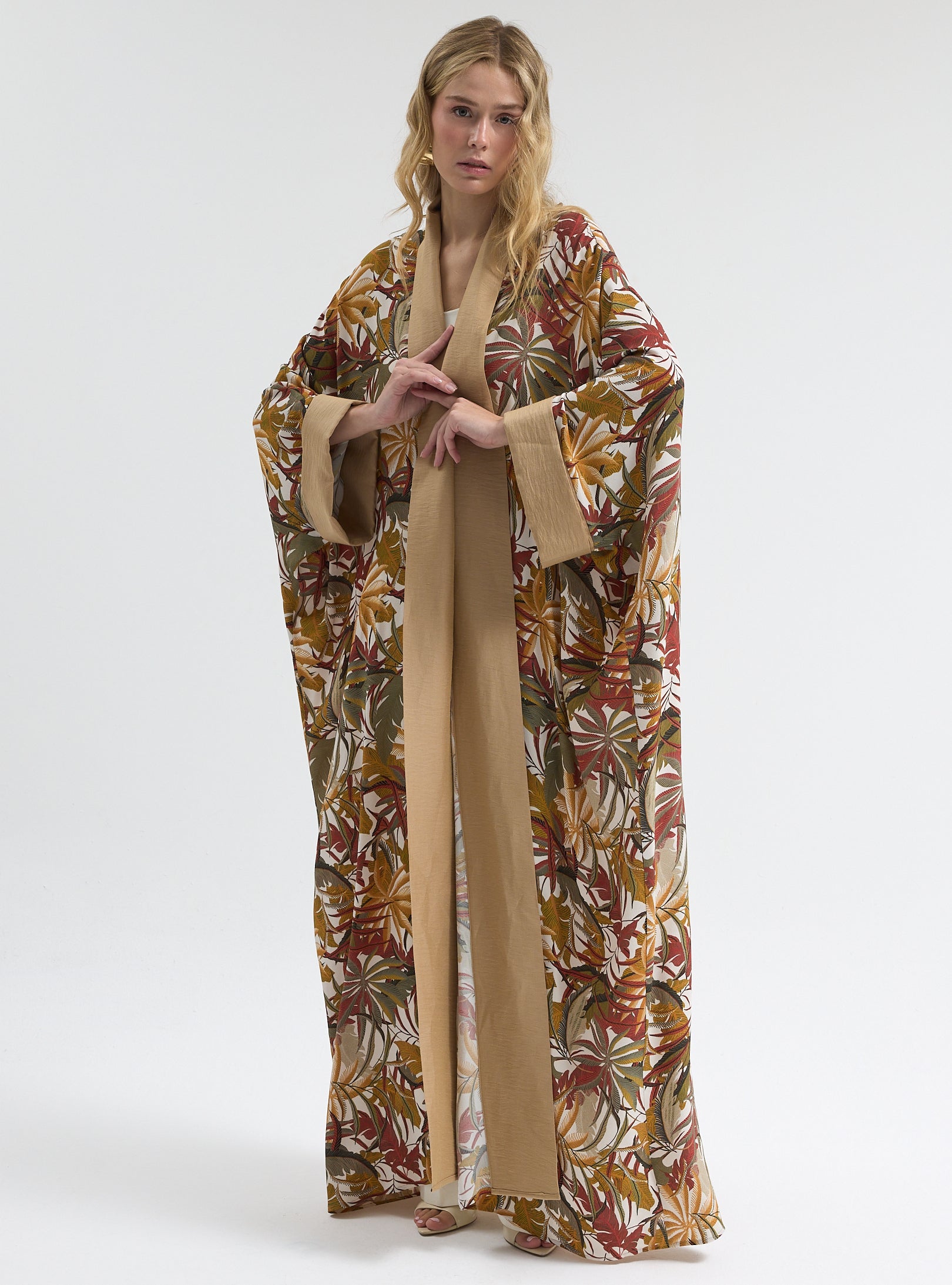Printed Long Kimono with Beige Shawl Collar Abaya - Store WF