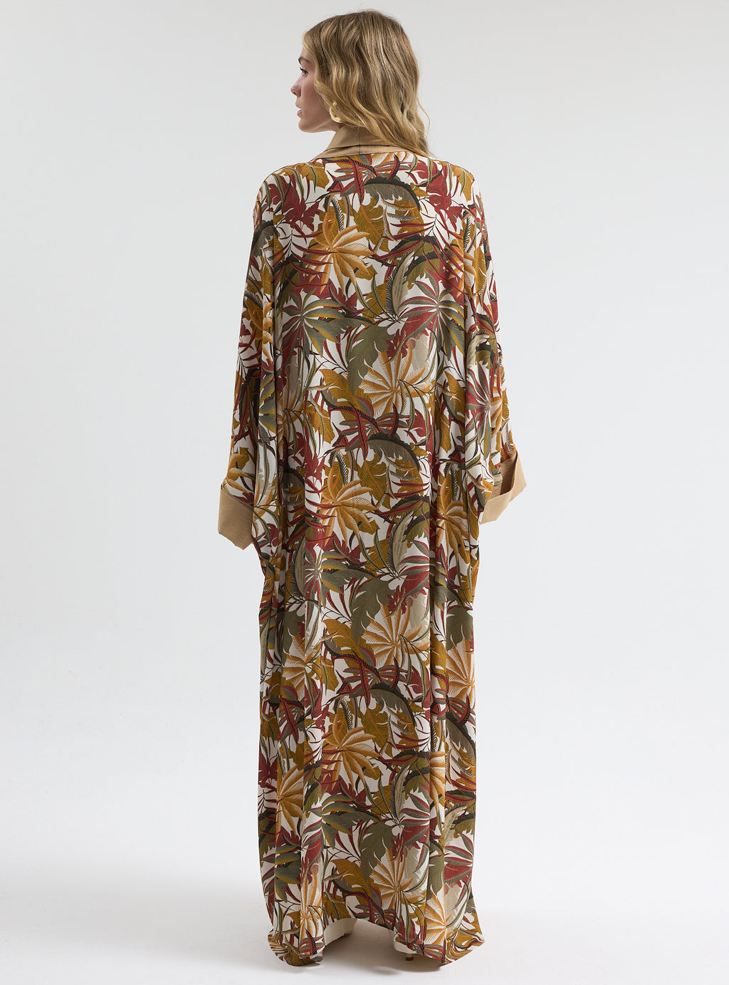 Printed Long Kimono with Beige Shawl Collar Abaya - Store WF