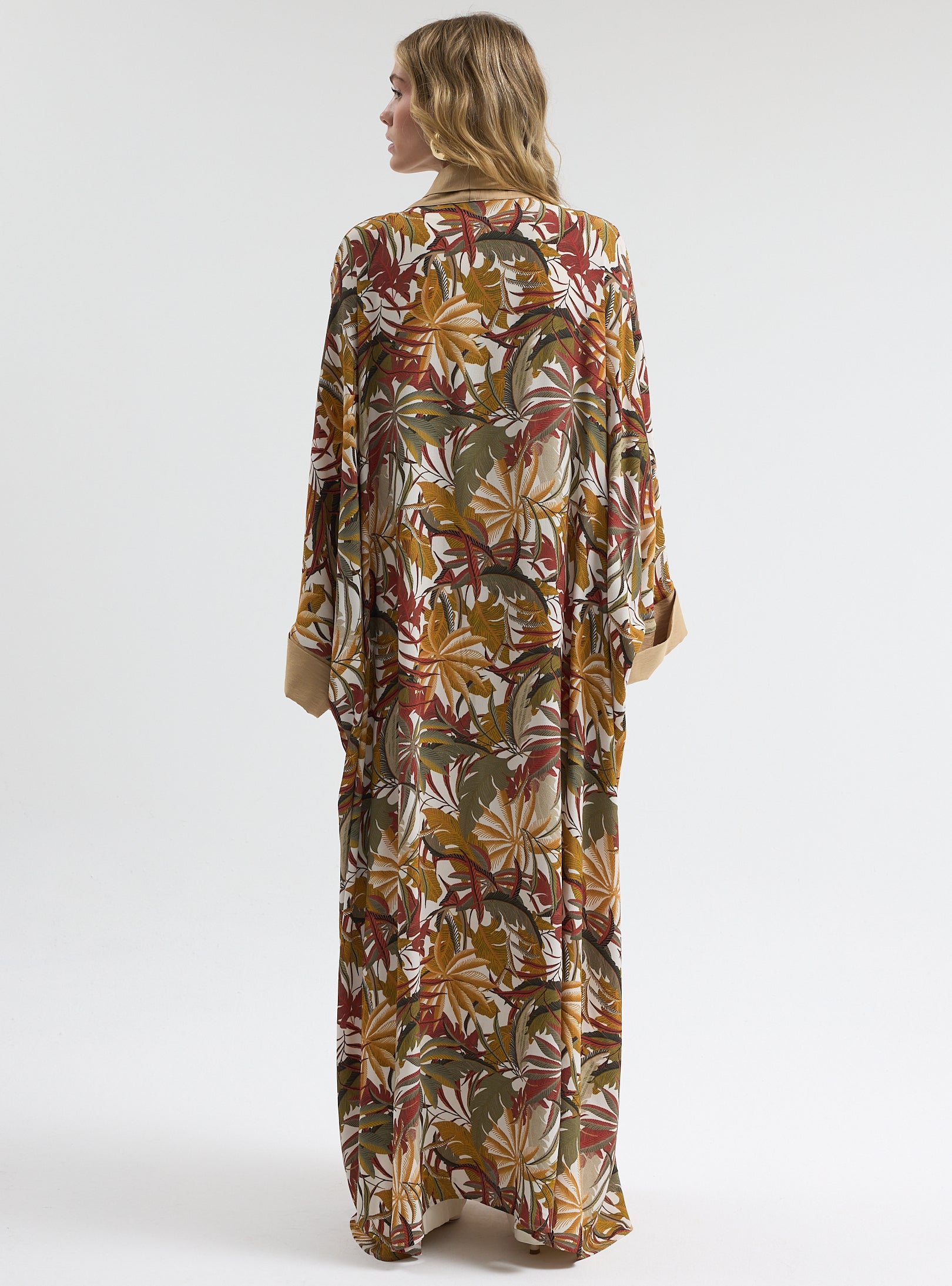 Printed Long Kimono with Beige Shawl Collar Abaya - Store WF