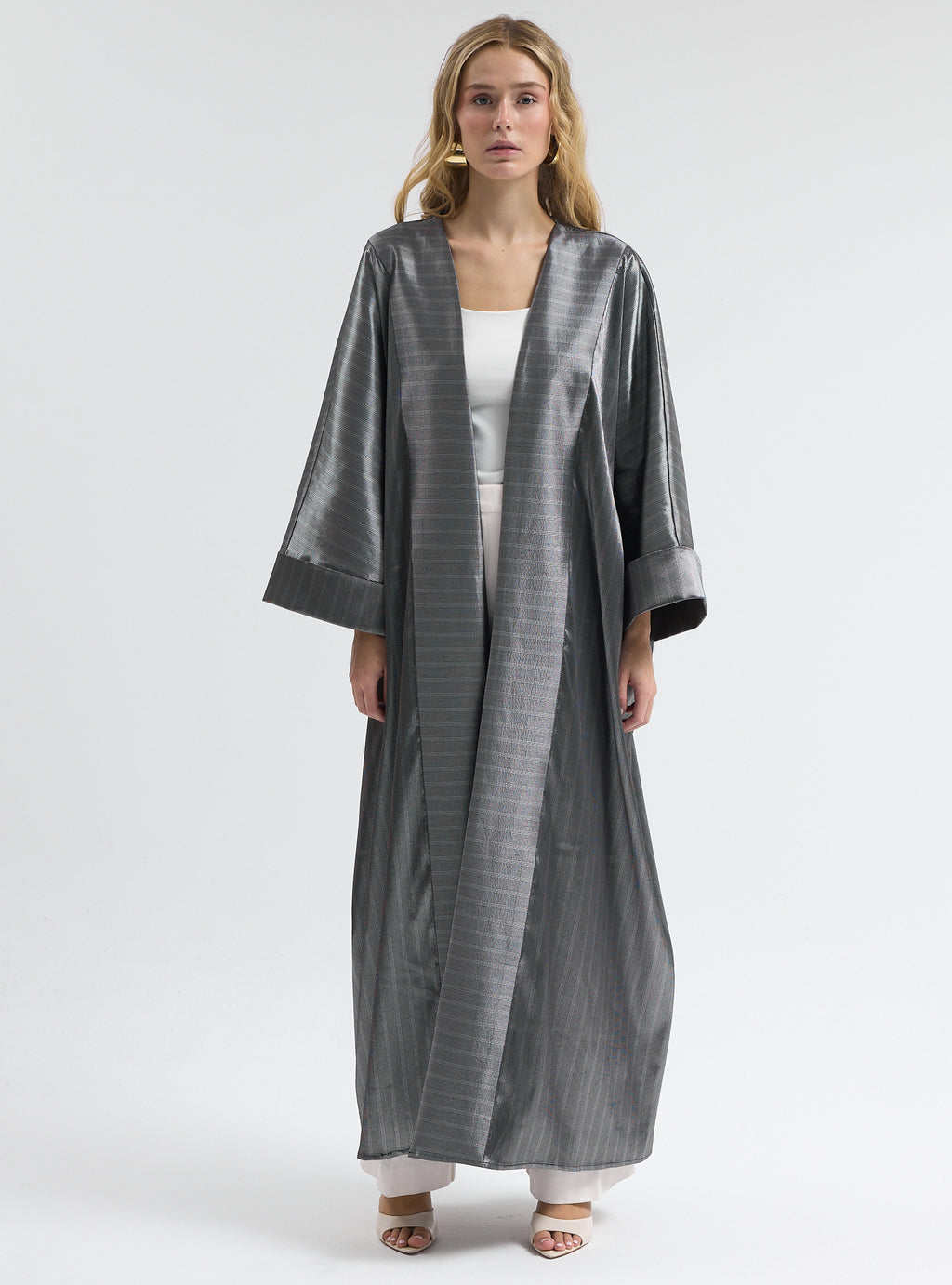 Silver Cotton Satin Stripe Abaya - Store WF