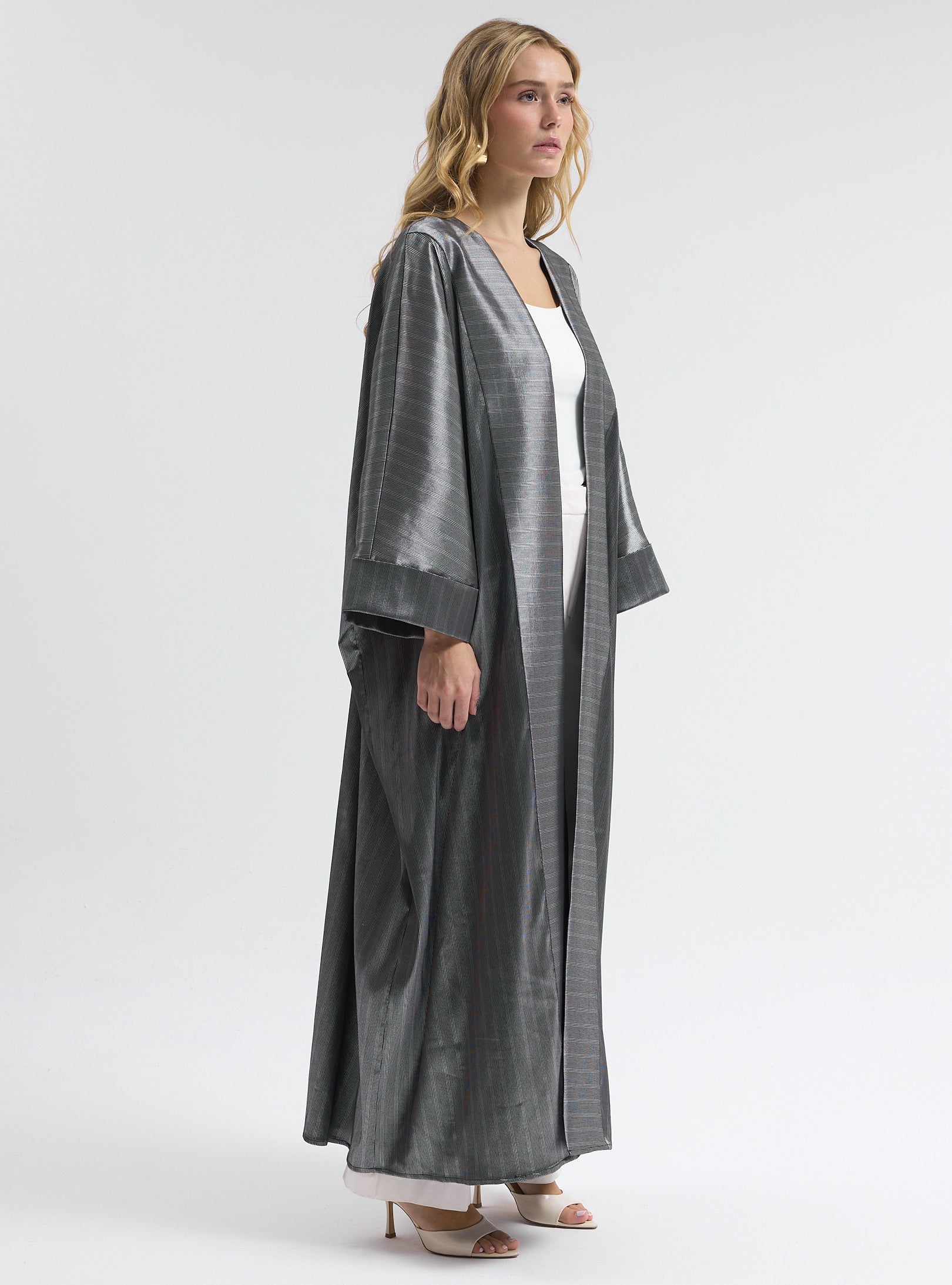Silver Cotton Satin Stripe Abaya - Store WF